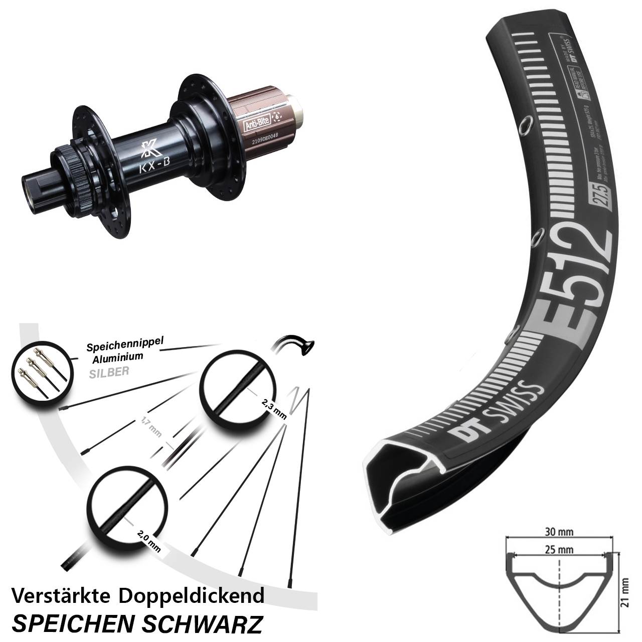 27,5 Zoll DT Swiss E512 KX-B Boost Centerlock Hinterrad 12x148 Boost 8-12 fach