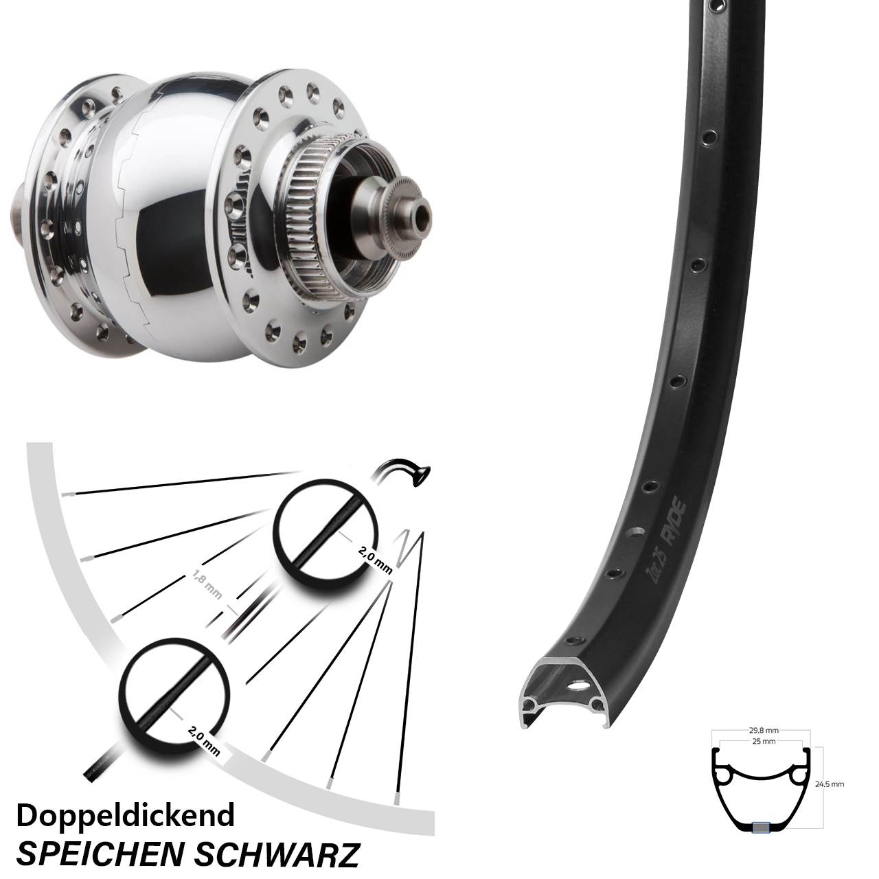 Nabendynamovorderrad Centerlock für Schnellspanner 28-29 Zoll Ryde ZAC 25 SON delux