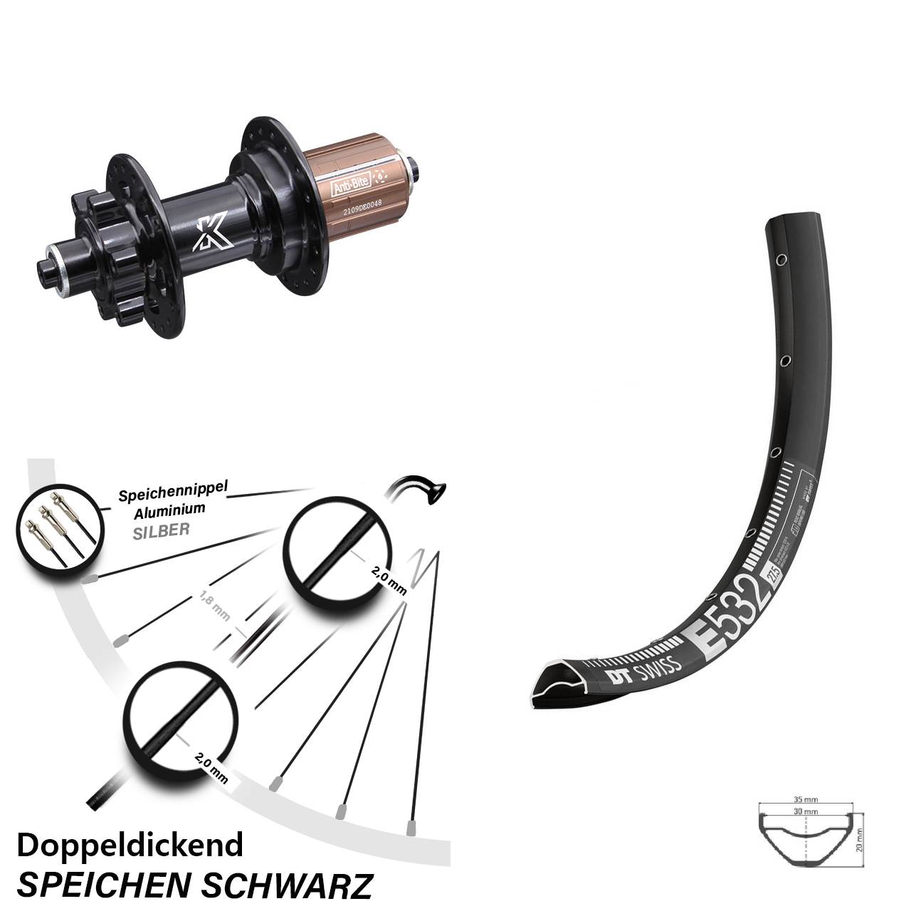29 Zoll DT Swiss E532 KX-M Disc Hinterrad QR 8-12 fach HG