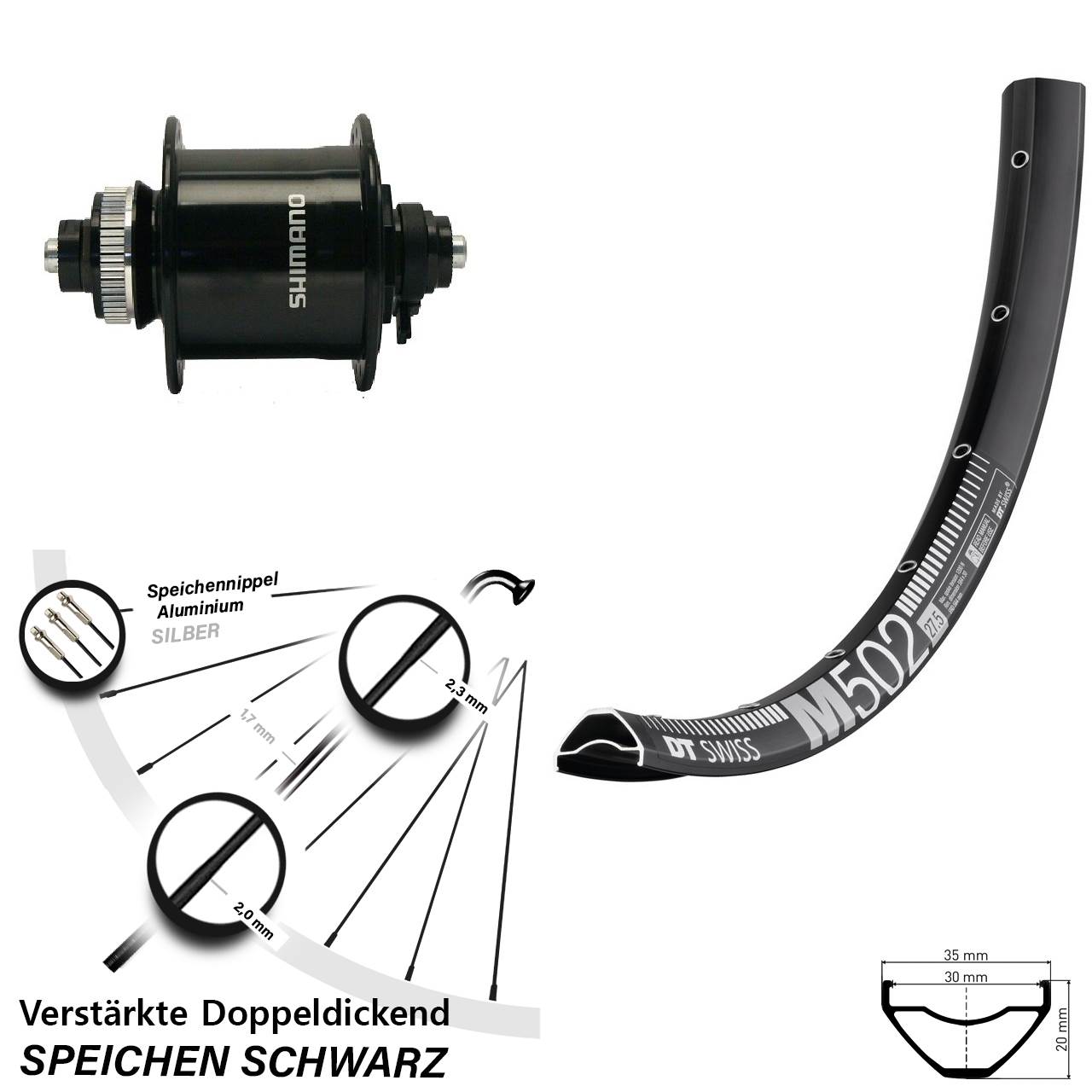 27,5 Zoll DT Swiss M 502 Shimano DH-UR700-3D Centerlock Vorderrad mit Nabendynamo QR