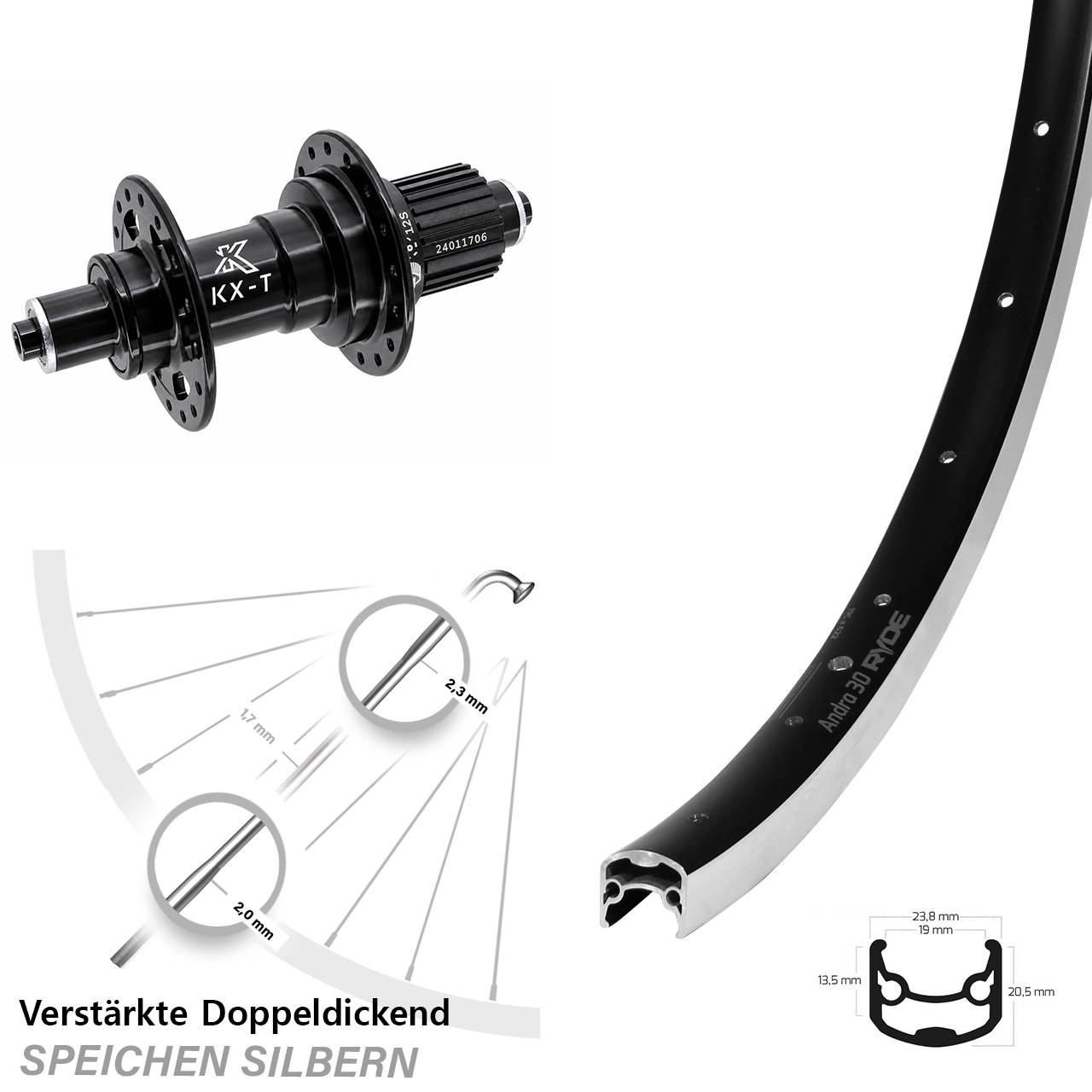 28 Zoll Ryde Andra 30 KX-T Laufrad hinten QR Shimano Micro Spline