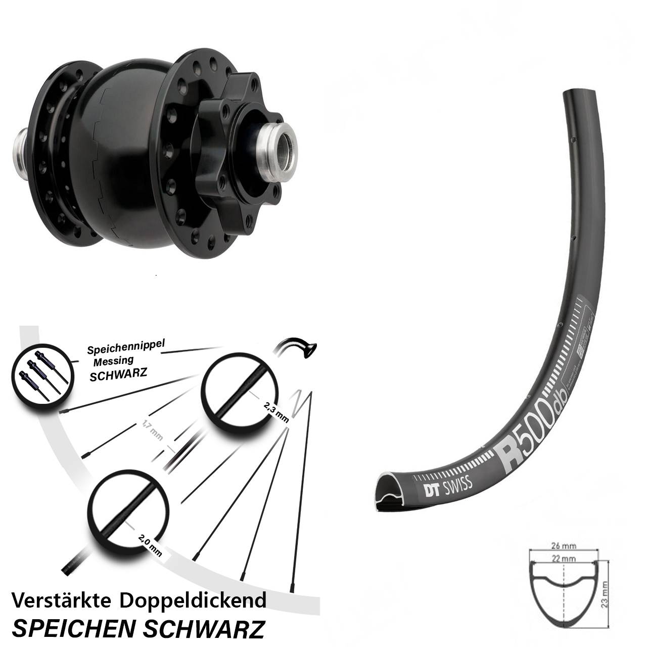 28 Zoll Nabendynamo Vorderrad DT Swiss R 500 SON 28-12 Steckachse 6-Loch