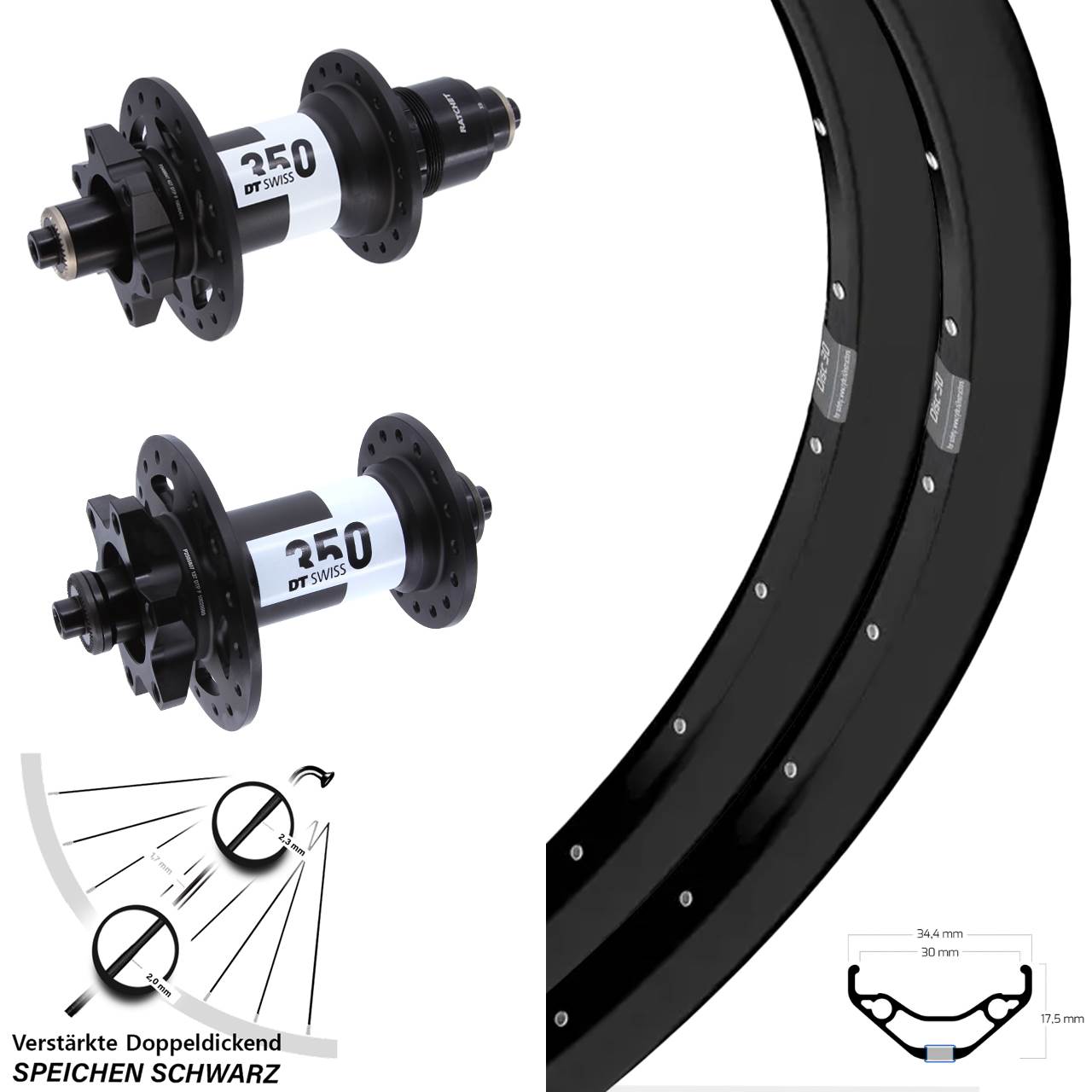 Laufradsatz 6-Loch für Schnellspanner 29 Zoll Ryde Disc 30 DT Swiss 350 SRAM XD