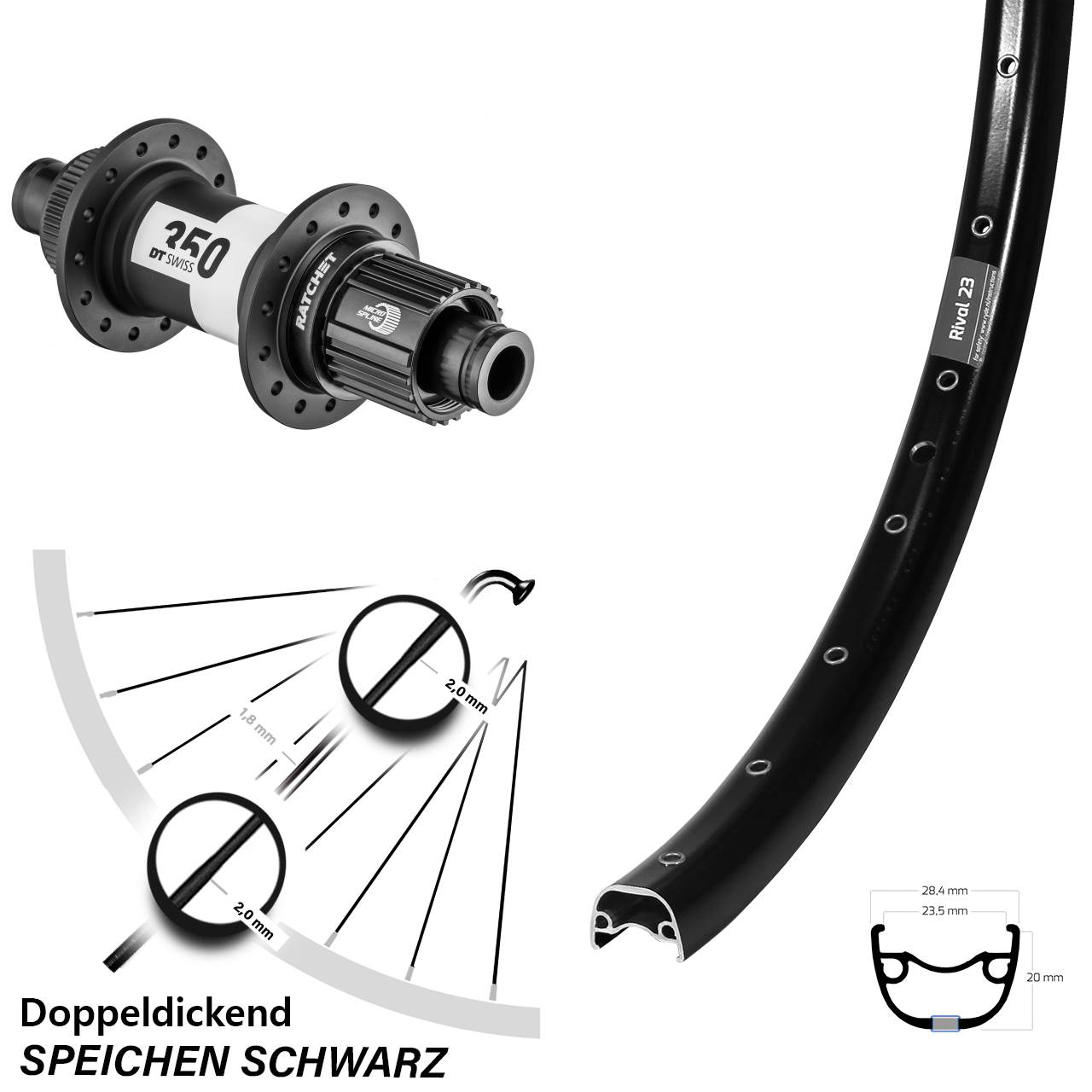 650B Ryde Rival 23 DT Swiss 350 Hinterrad Centerlock 12x142 Micro Spline