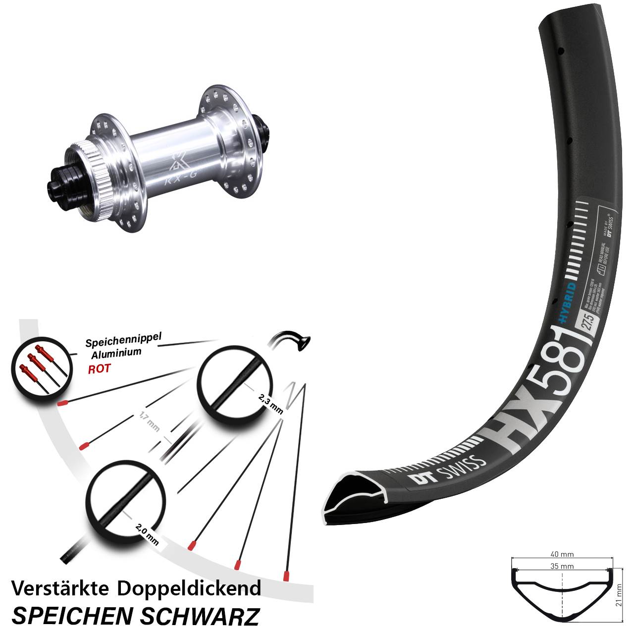 Vorderrad Centerlock 27,5 Zoll DT Swiss HX581 KX-G für Schnellspanner