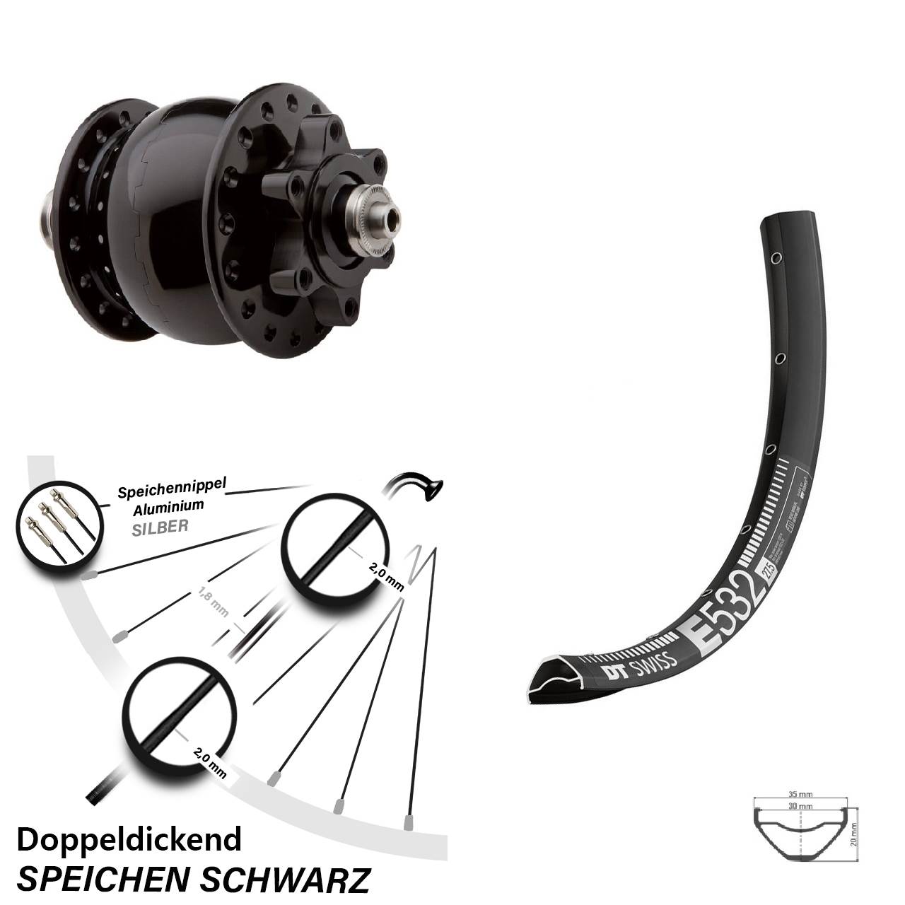 Nabendynamovorderrad 6-Loch QR 27,5 Zoll DT Swiss E 532 SON 28