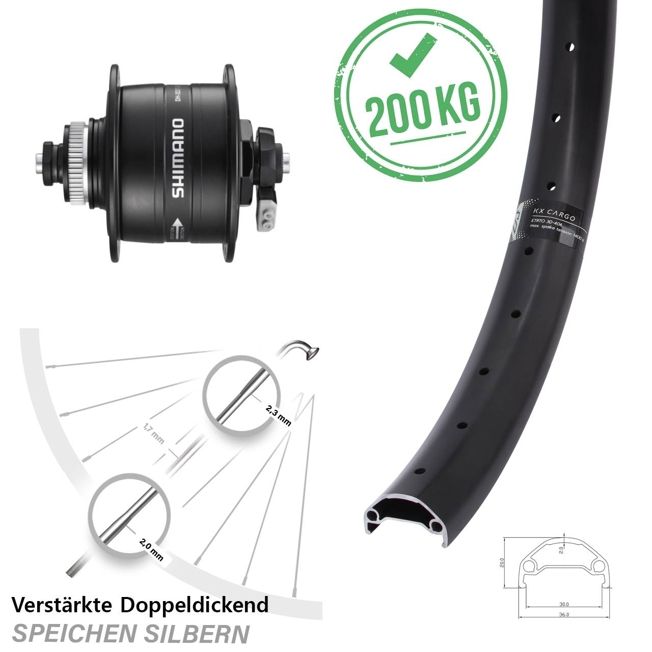 Vorderrad Lastenrad 20 Zoll KX Cargo Shimano DH-3D37 Centerlock