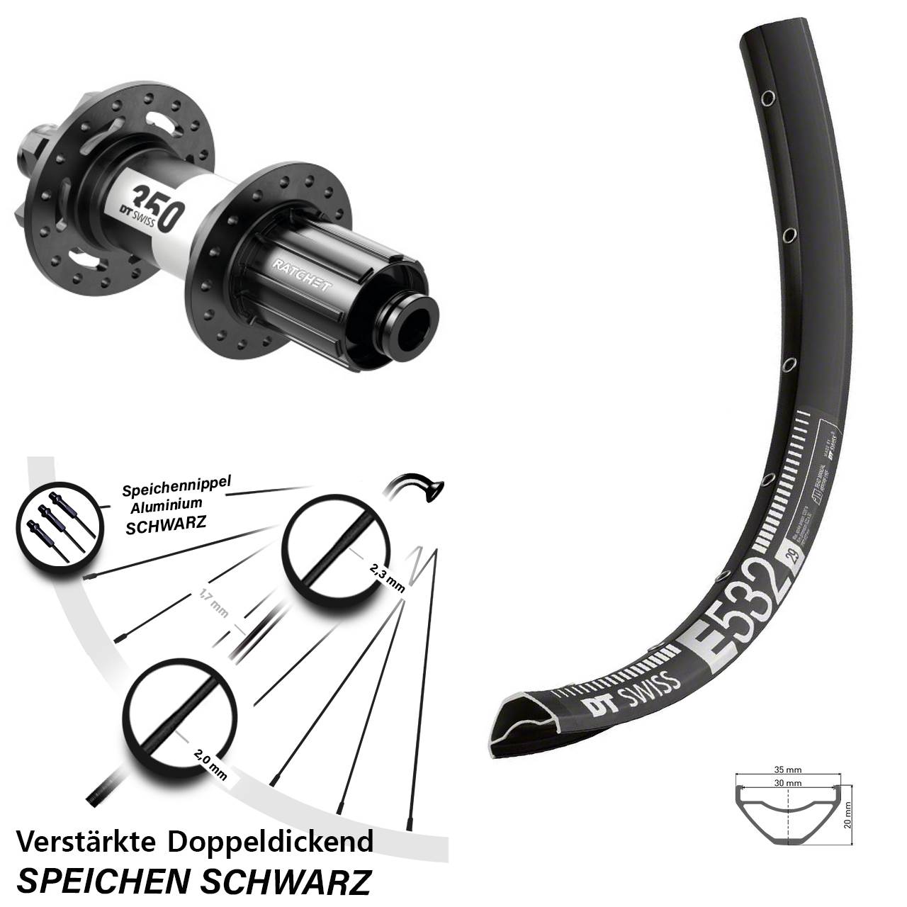 DT Swiss E532-350 29 Zoll Hinterrad 6-Loch 12x142 8-11 fach HG