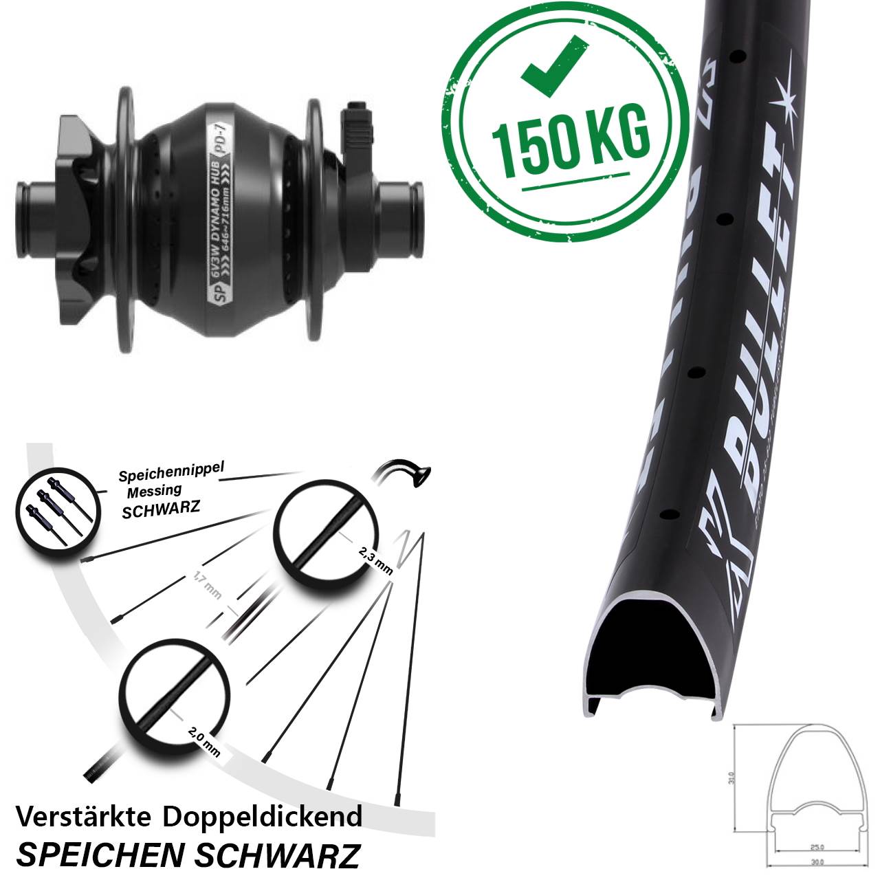 Disc Vorderrad mit Nabendynamo 28 Zoll KX Bullet Shutter PD-7 12x100