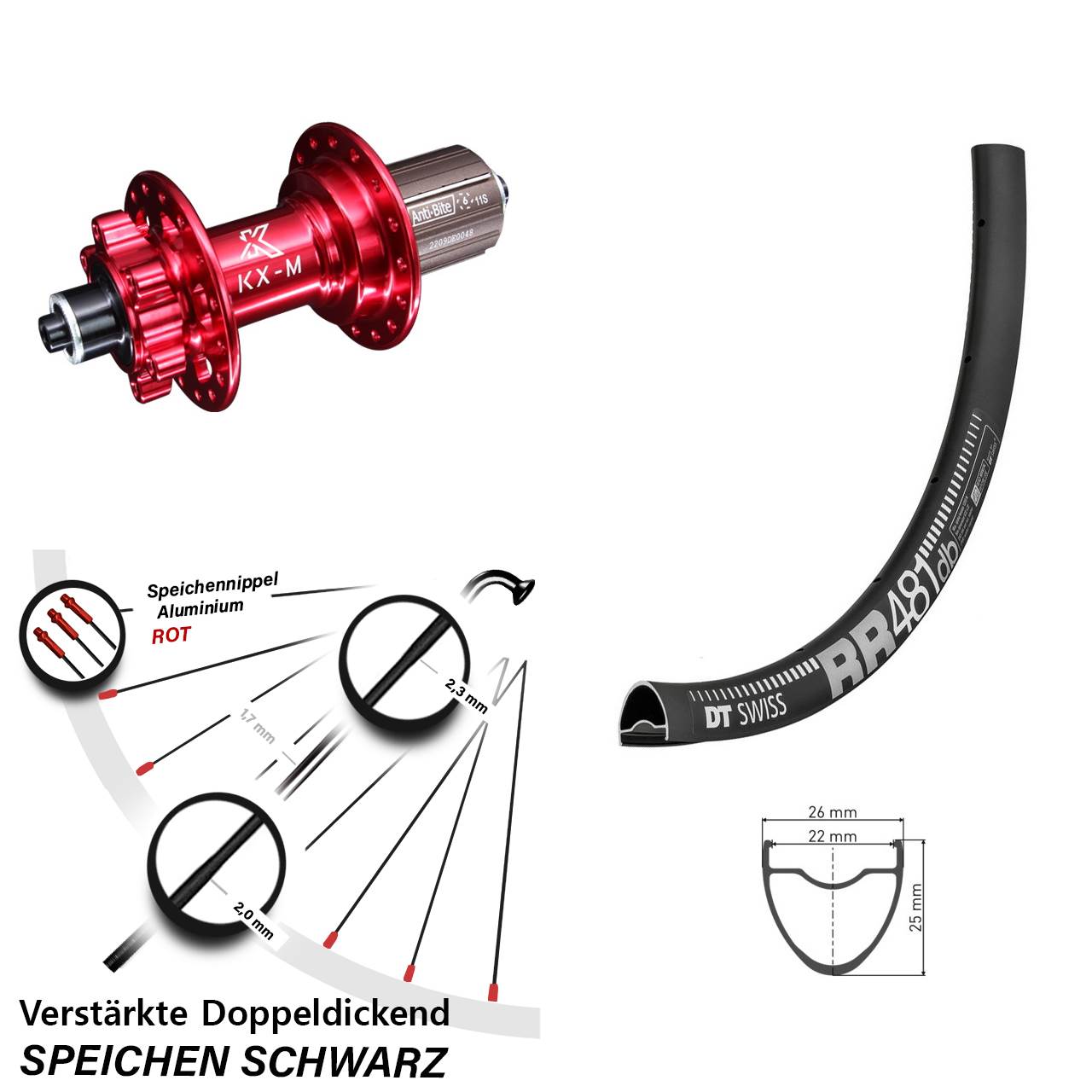 28 Zoll DT Swiss RR481 KX-M rot Hinterrad 6-Loch QR 8-12 fach