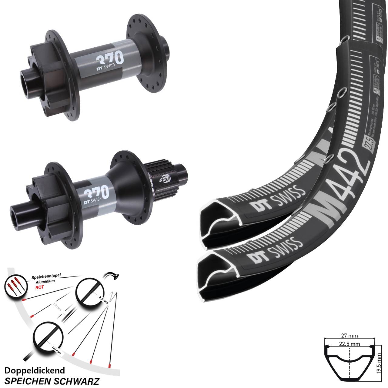 28-29 Zoll DT Swiss M 442-370 Laufrad-Satz 6-Loch 15x110 12x148 Shimano Micro Spline