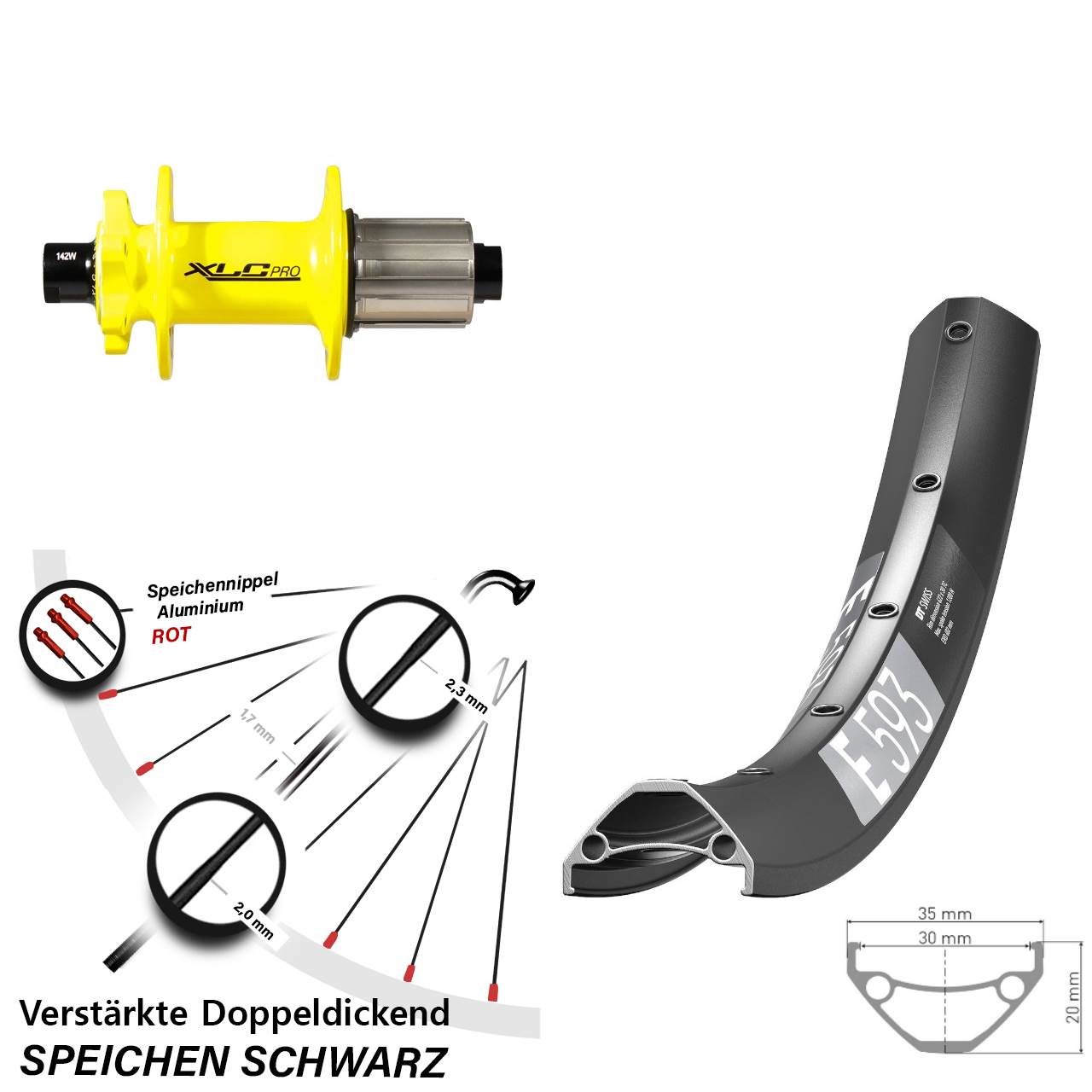 DT Swiss E593 XLC gelb 27,5 Zoll 6-Loch Hinterrad 12x142 8-11 fach