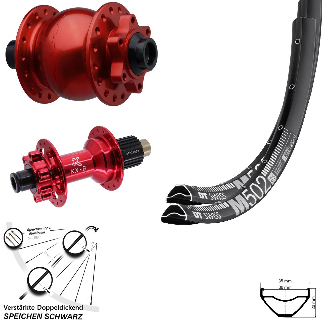 27,5 Zoll DT Swiss M502 KX-B rot SON 28 Laufradsatz 6-Loch 15x110 12x148 Shimano Mic