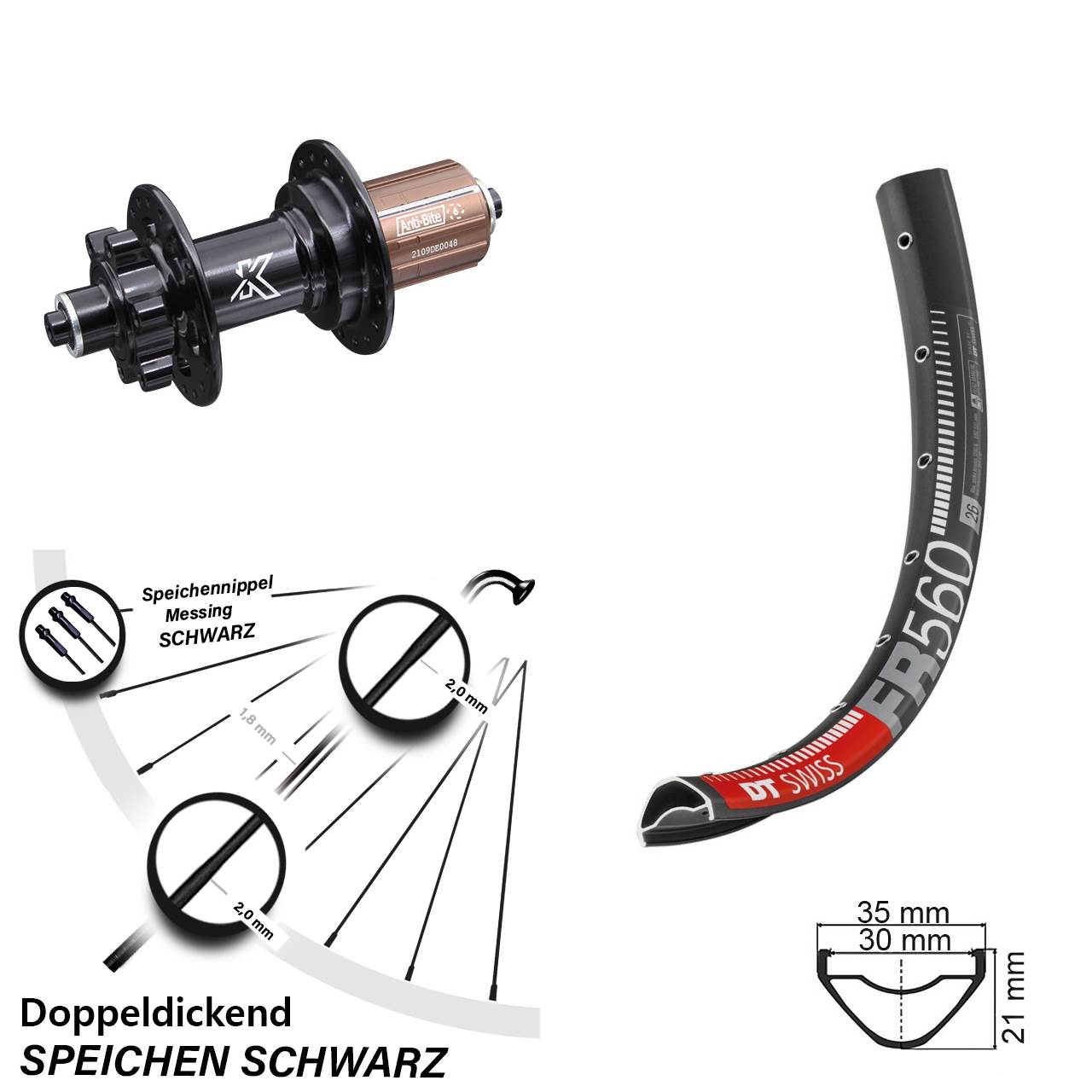 26 Zoll DT Swiss FR560 KX-M Hinterrad 6-Loch QR 8-12 fach