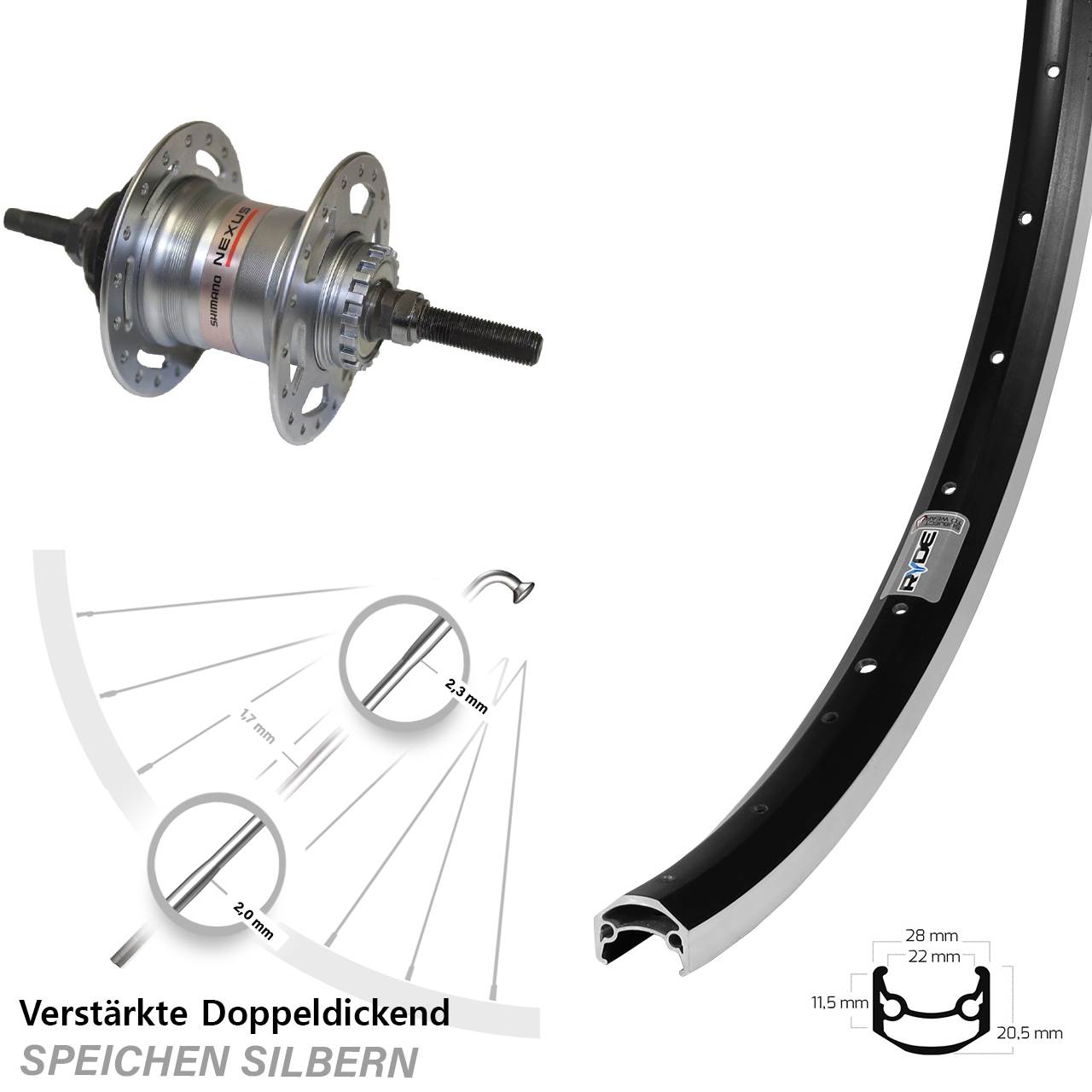 27,5 Zoll Ryde Andra 35 Hinterrad Shimano 3 Gang freilauf