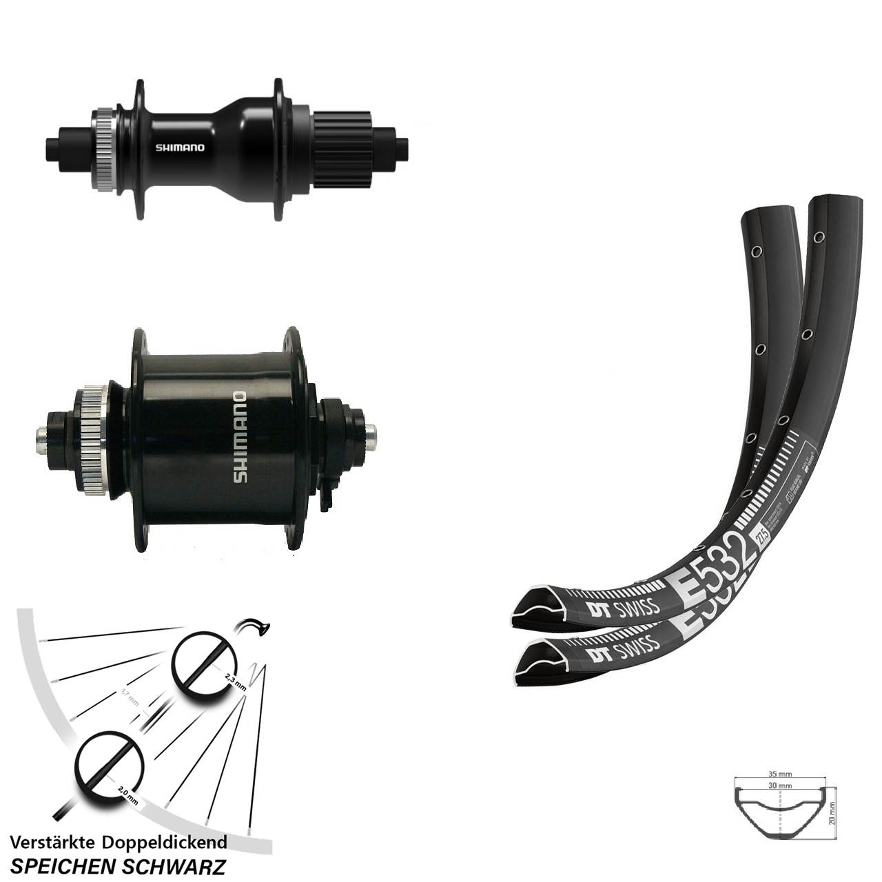 Disc Laufradsatz 29 Zoll DT Swiss E 532 Shimano DH-UR700-3D FH-QC500 Micro Spline QR