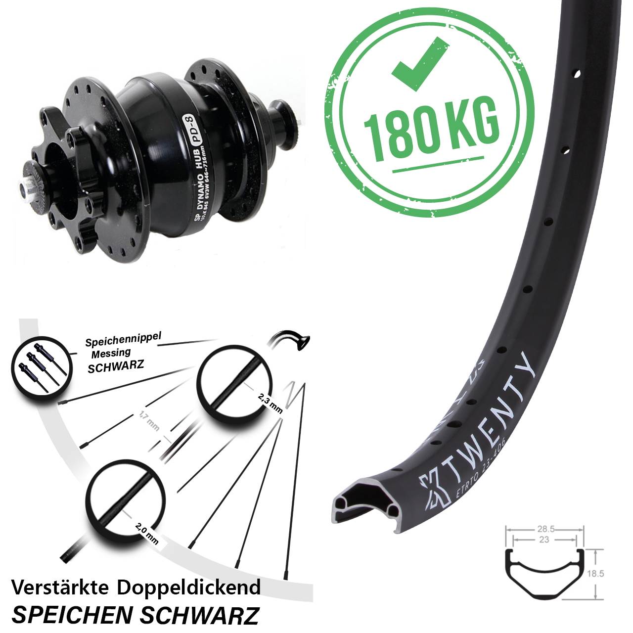 KX Twenty Shutter Precision PD-8 20 Zoll Disc Vorderrad mit Nabendynamo für Schnellspanner