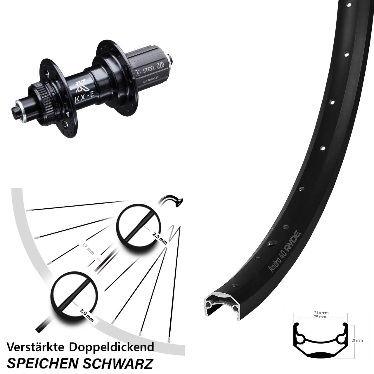 27,5 Zoll Hinterrad KX-E 5x135 mm Shimano 8-12 fach Centerlock Ryde Andra 40 Disc