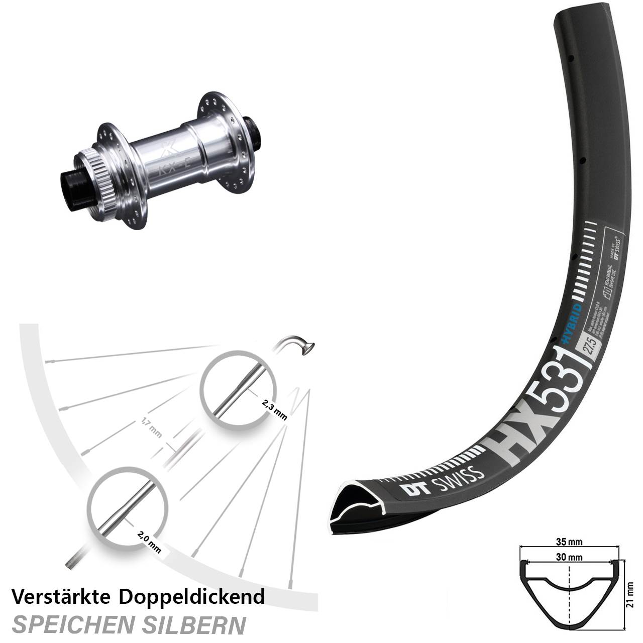 KX-E silbern 15x100 mm Centerlock DT Swiss HX 531 Vorderrad 29 Zoll Steckachse E-Bike