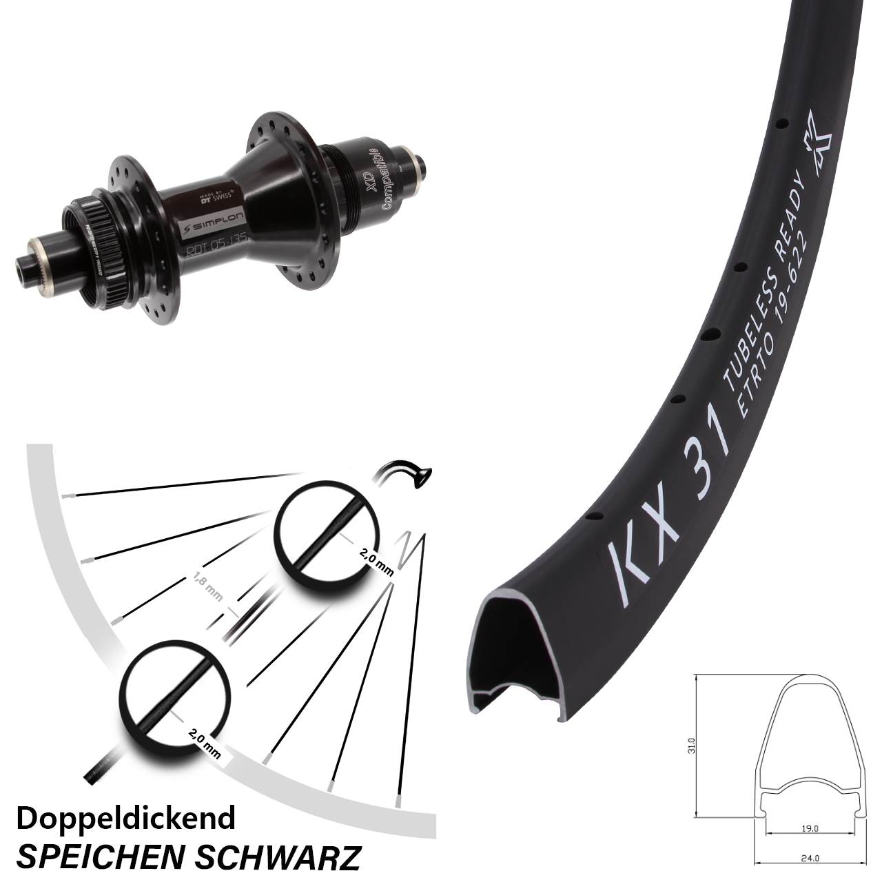 KX31 DT Swiss 370 28 Zoll Disc Laufrad für Schnellspanner SRAM XD