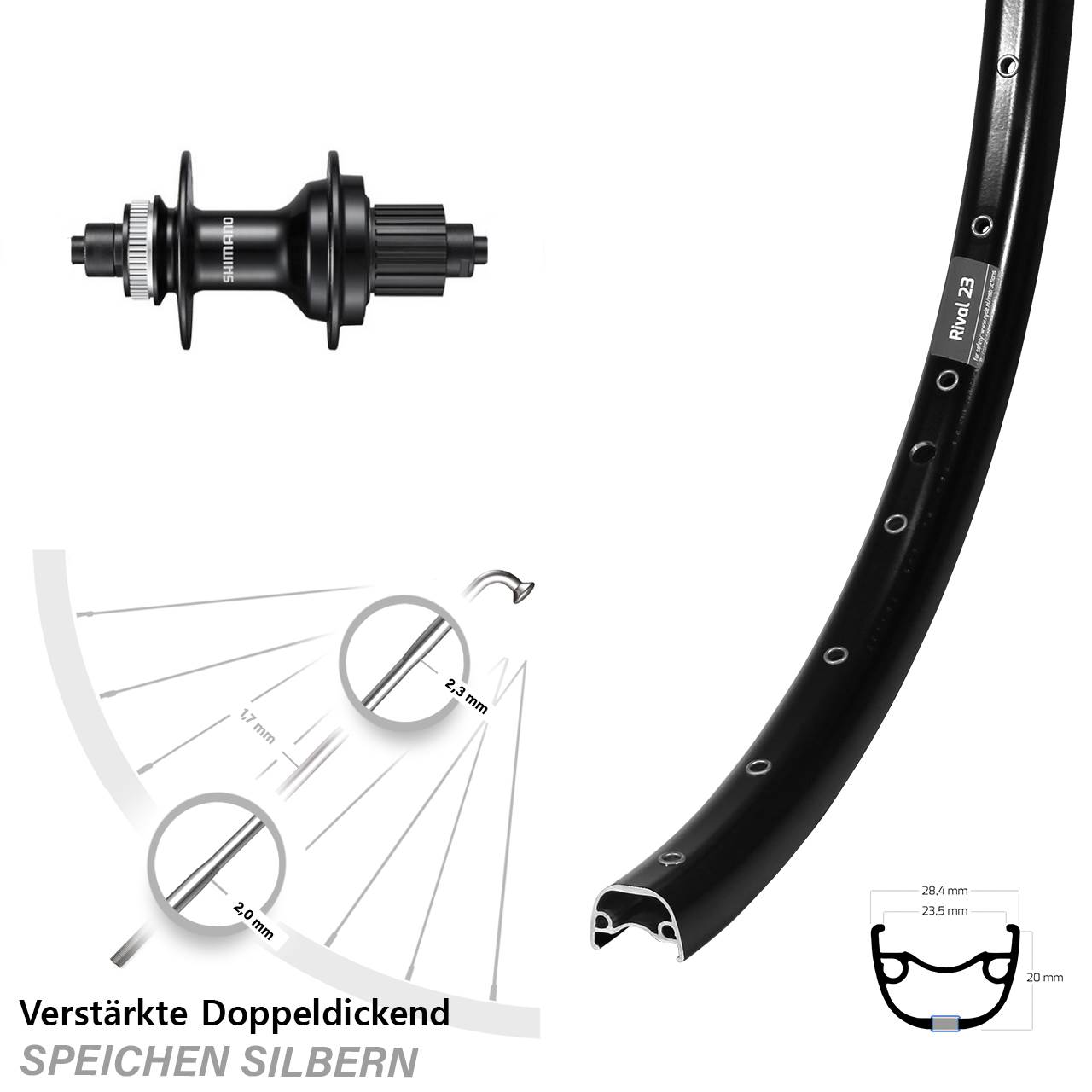 27,5 Zoll Ryde Rival 23 Shimano MT500 Disc Laufrad für Schnellspanner Micro Spline