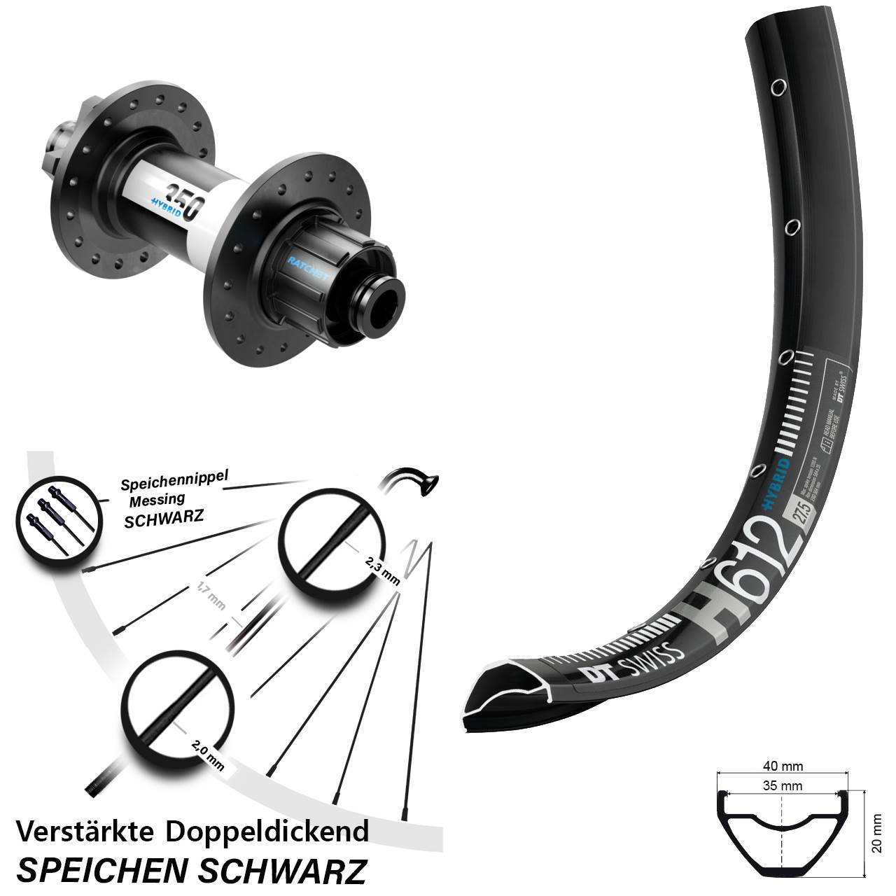 Hinterrad 27,5 Zoll DT Swiss H612-350 Hybrid 6-Loch 12/142 Singlespeed