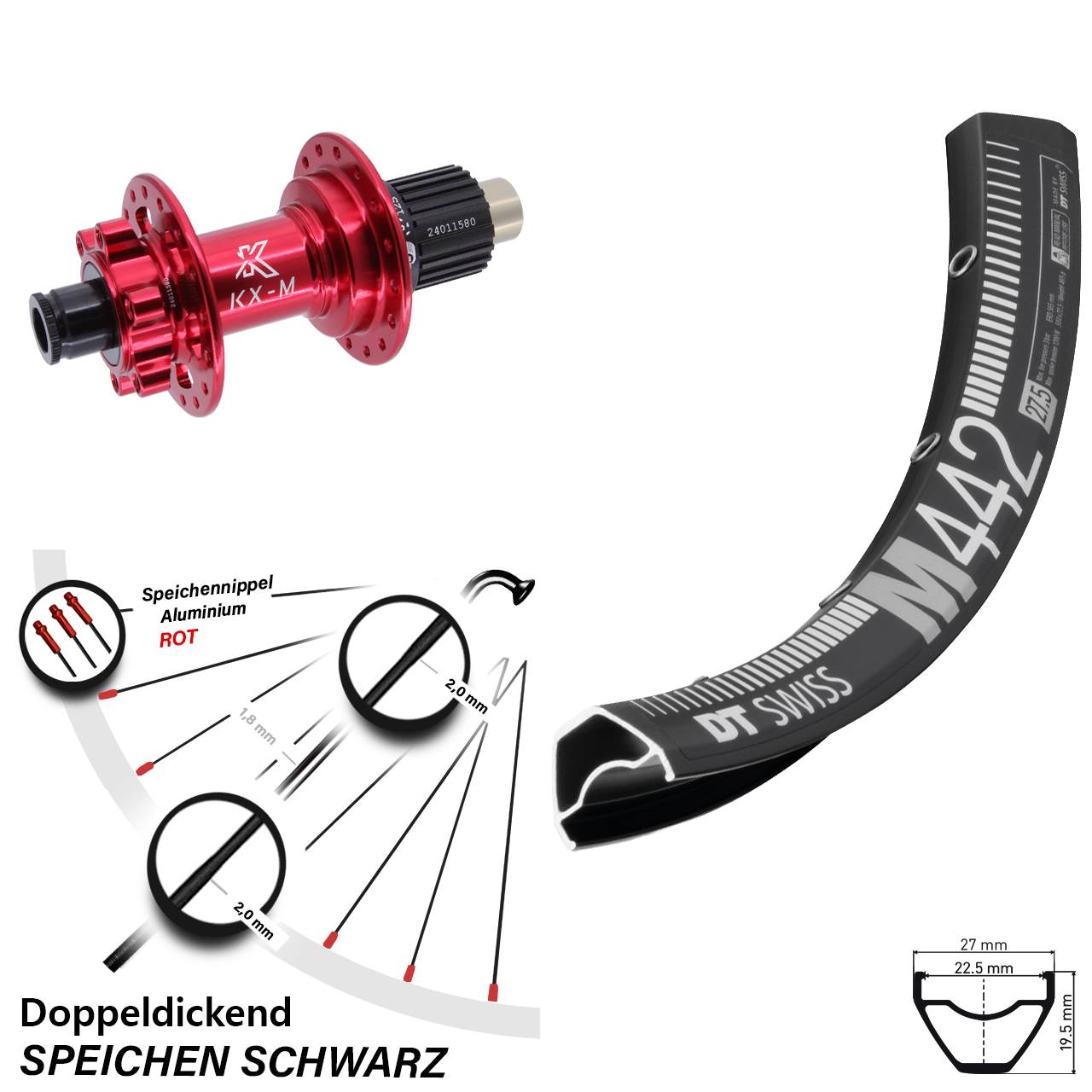 28-29 Zoll DT Swiss M442 KX-M rot Disc Laufrad 12x142 Micro Spline
