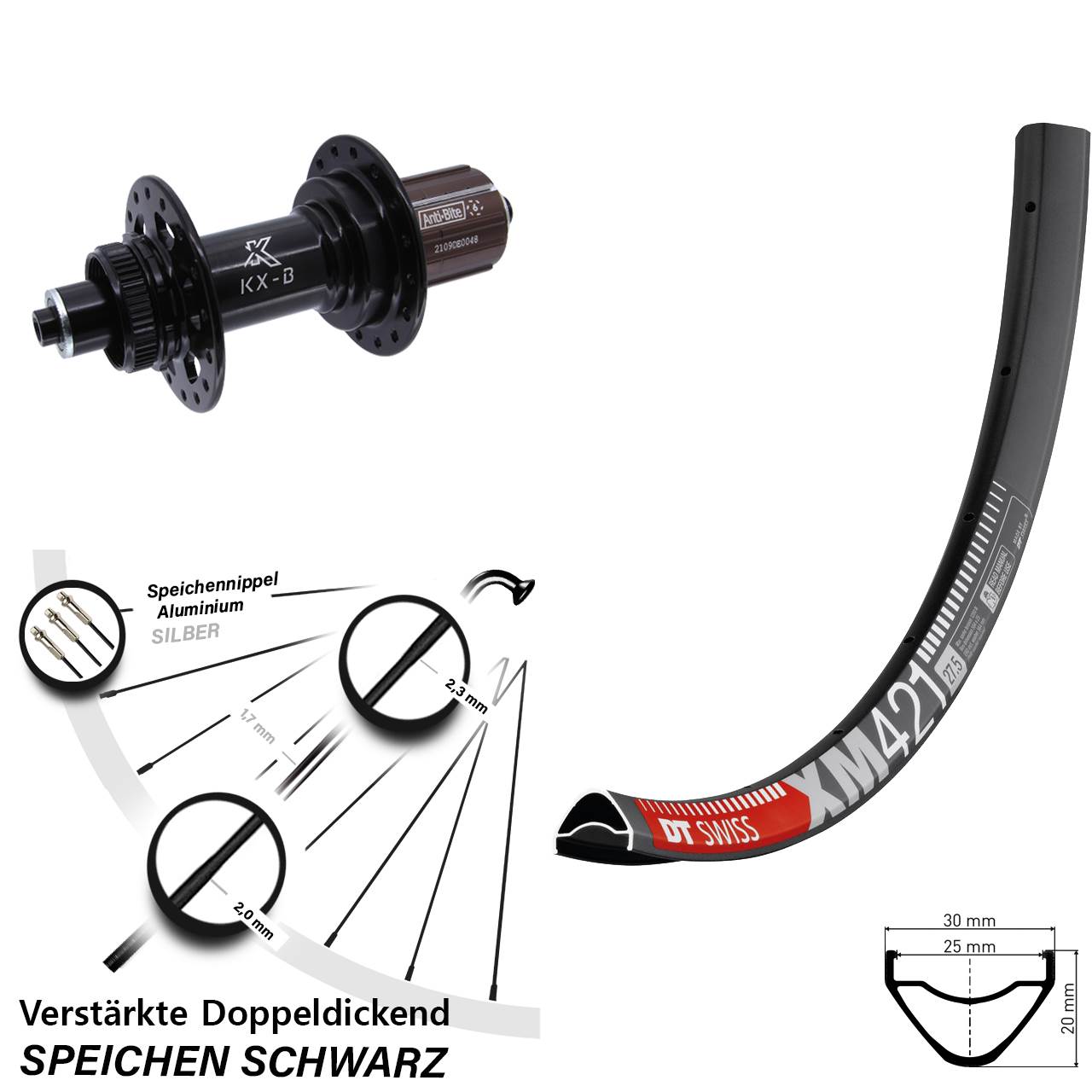 27,5 Zoll DT Swiss XM421 KX-B Disc Laufrad für Schnellspanner Boost 8-12 fach HG