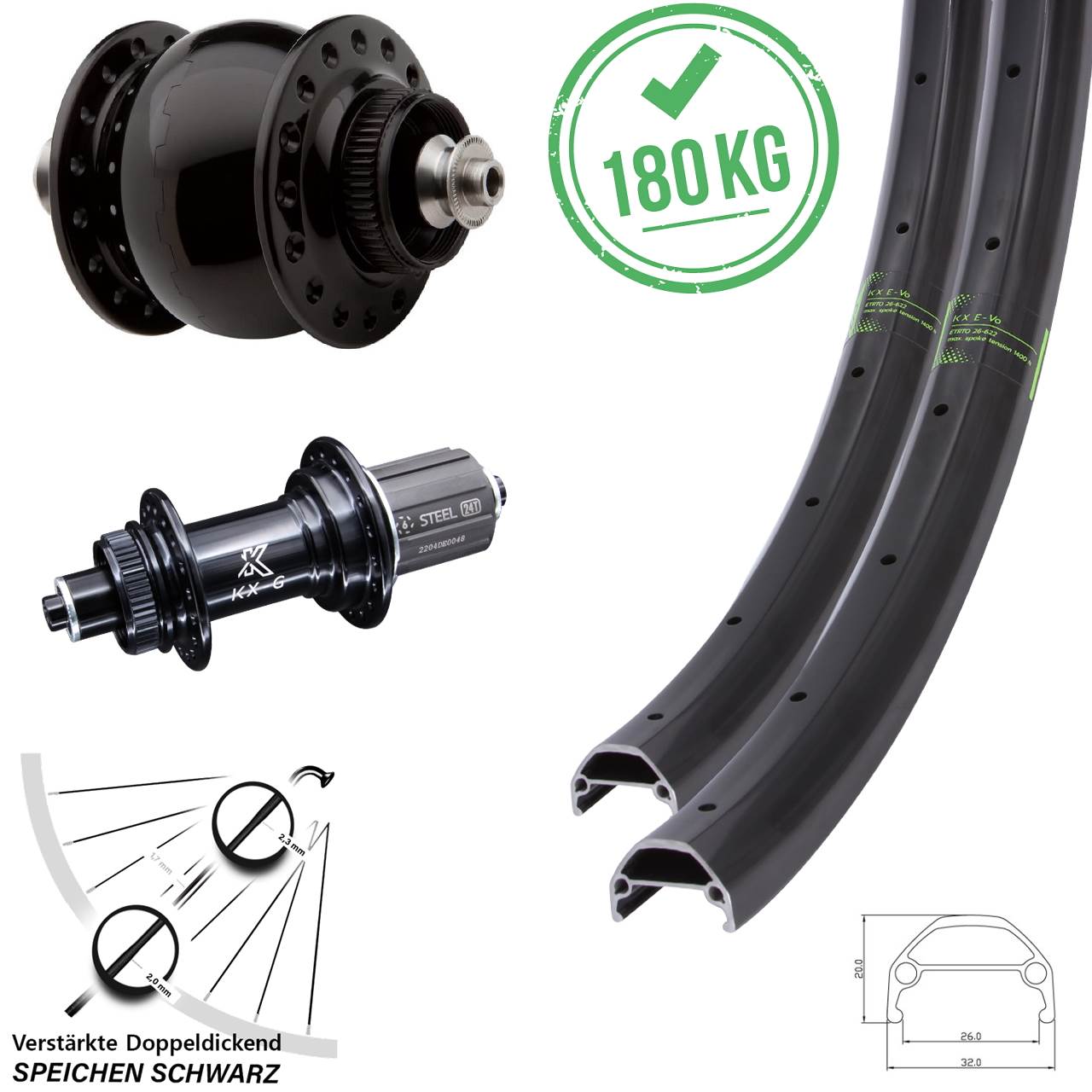 Laufradsatz Centerlock QR 20/26 Zoll KX-GS Evo Heavy Duty SON 28 8-12 fach HG