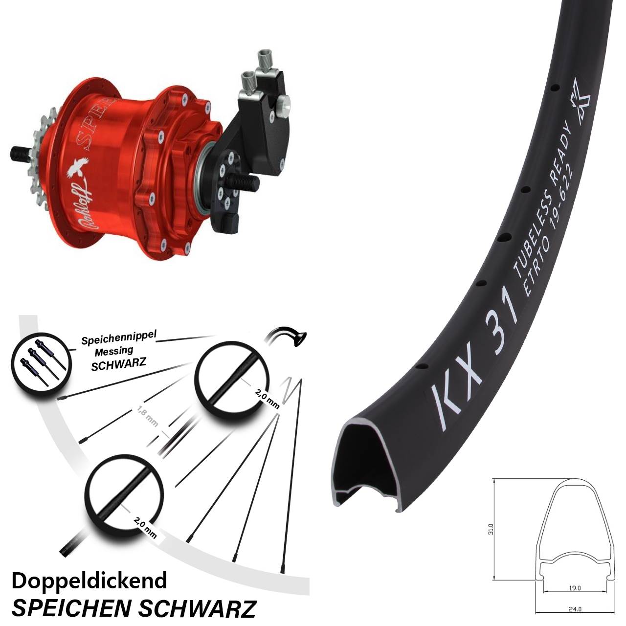 Hinterrad 28 Zoll KX 31 Disc Rohloff Speedhub 500/14 TS DB OEM Tandem rot