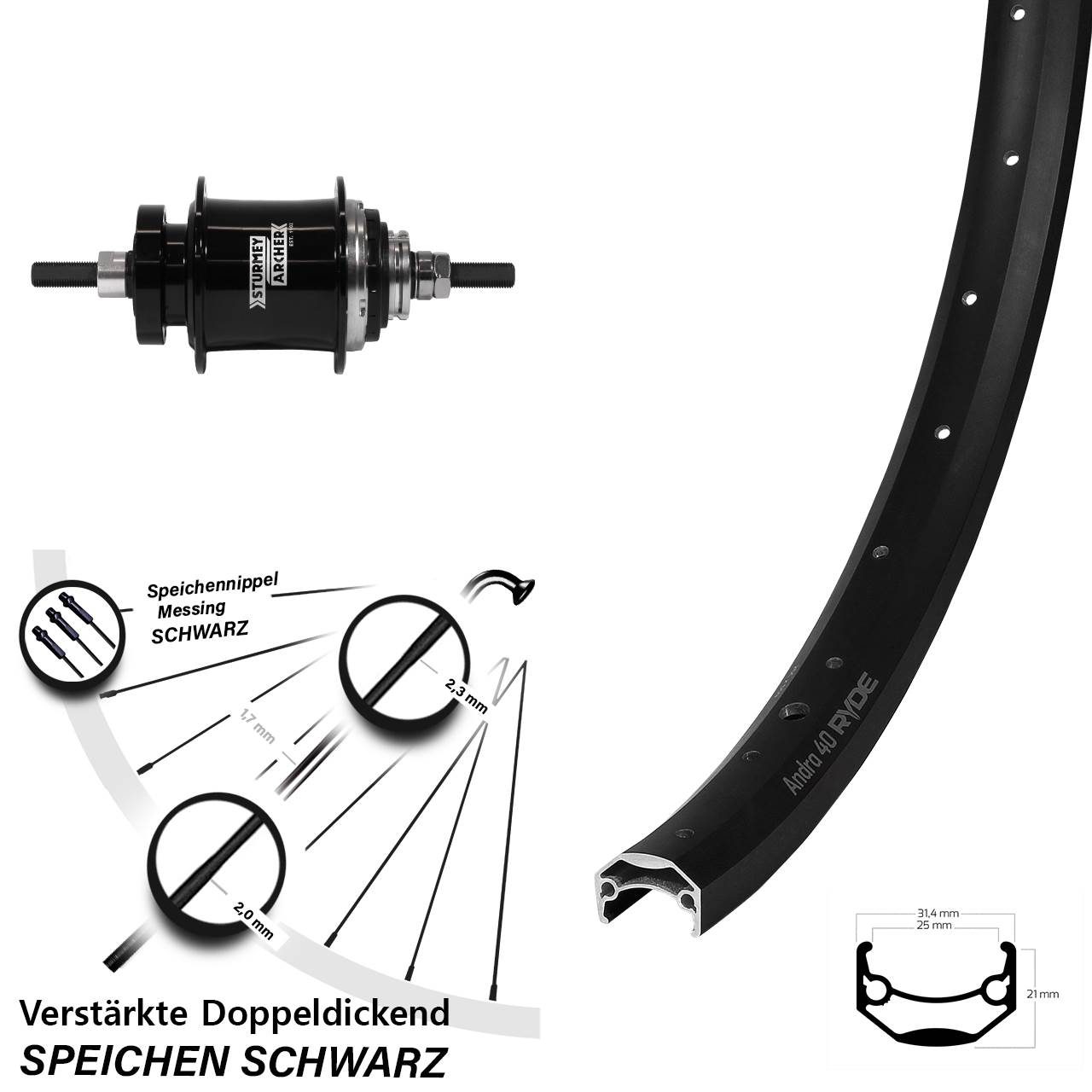 Ryde Andra 40 Hinterrad 26 Zoll Sturmey Archer A2K Disc schwarz