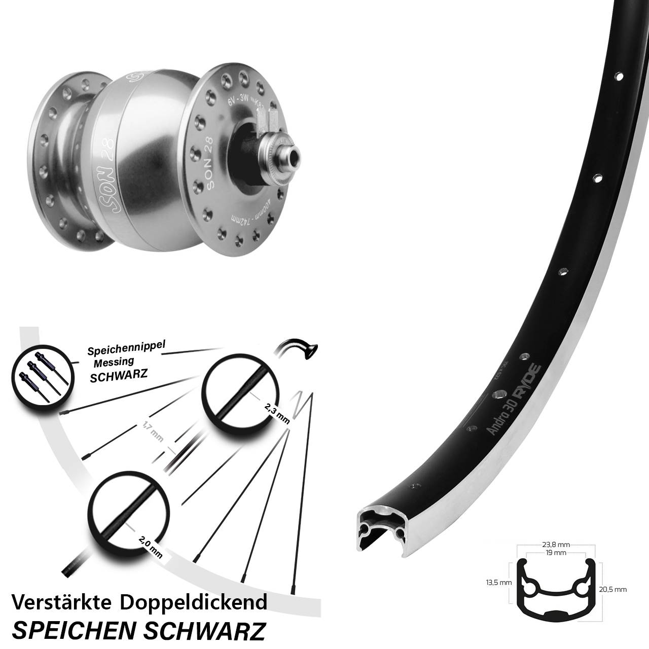 26 Zoll Ryde Andra 30 SON 28 silbern Vorderrad mit Nabendynamo QR