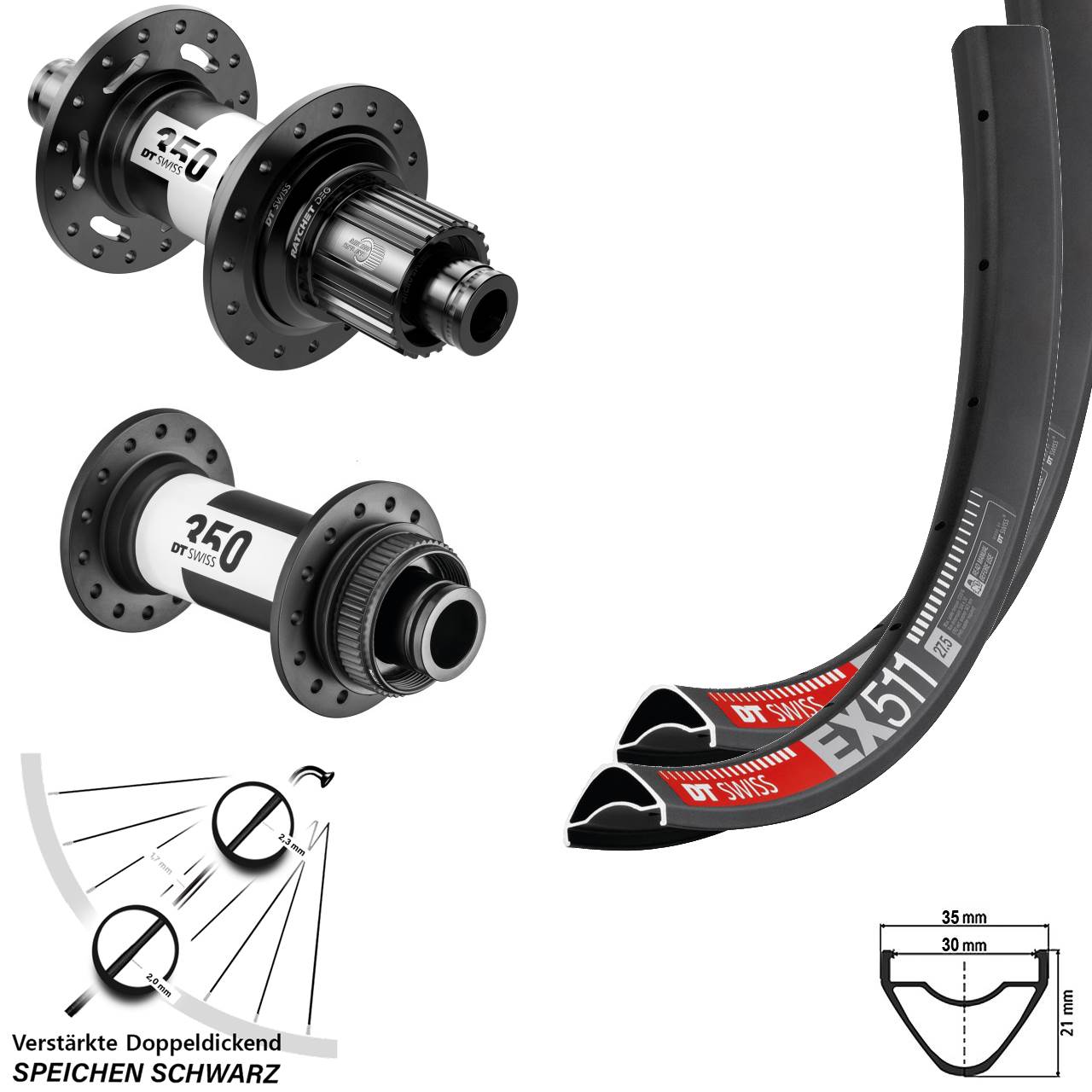 27,5 Zoll DT Swiss EX511 350 DEG72 Disc Laufradsatz Boost Micro Spline