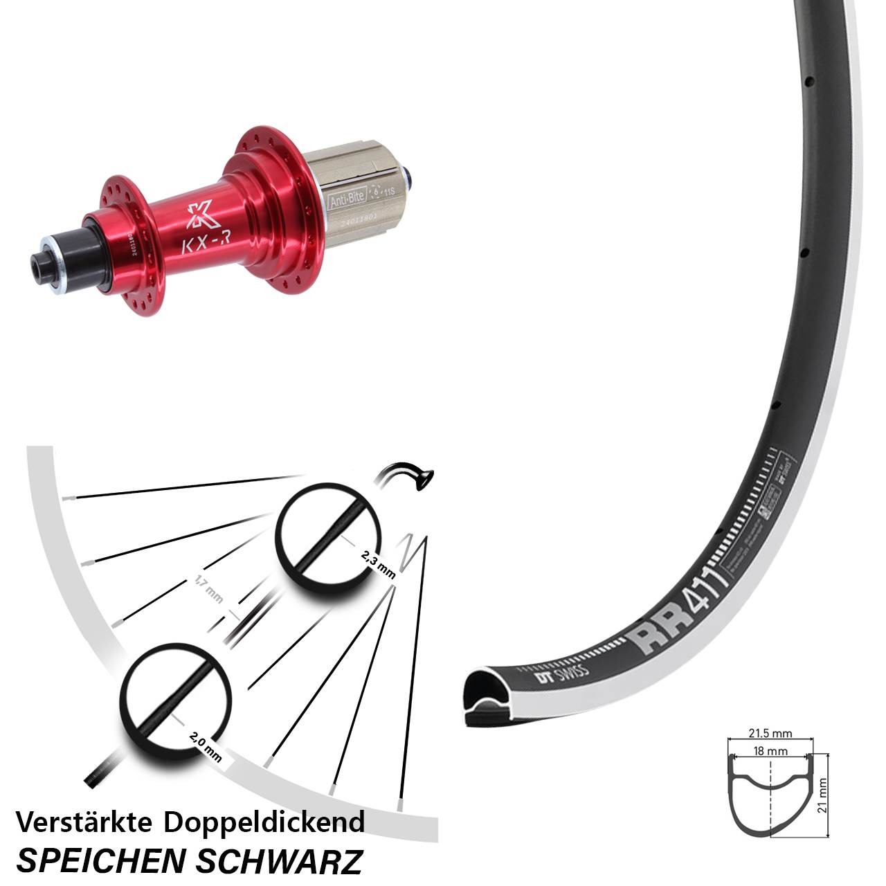 DT Swiss RR411 OS KX-R rot 28 Zoll Laufrad hinten QR 8-12 fach