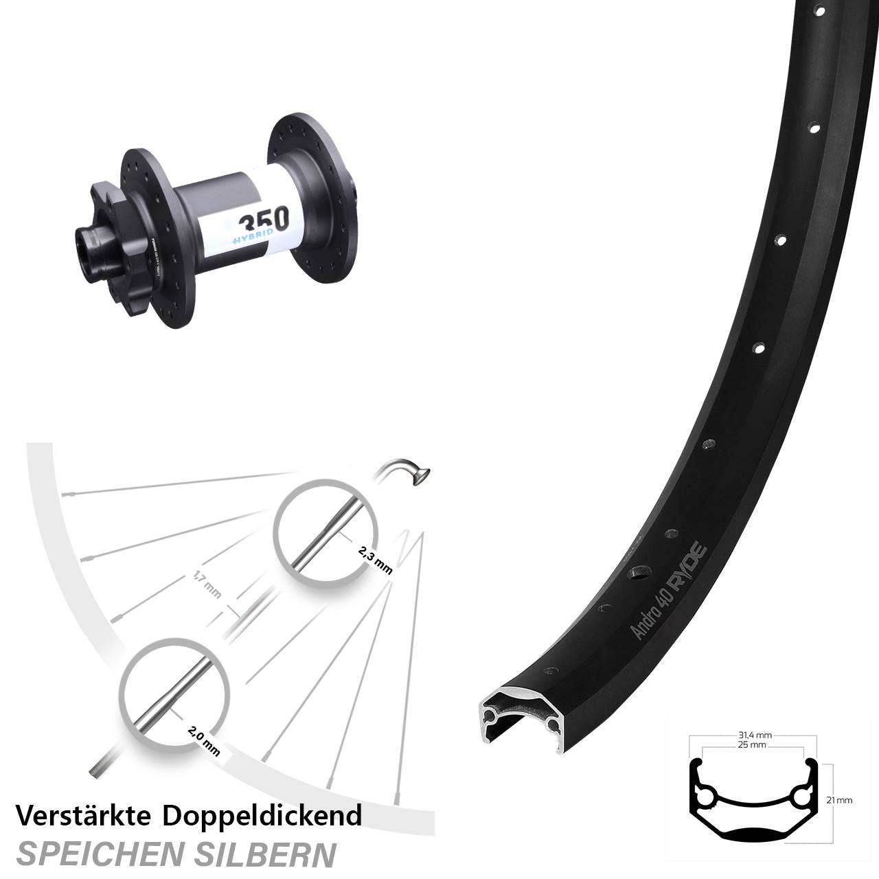 20 Zoll Ryde Andra 40 DT Swiss 350 Hybrid Disc Vorderrad 15x110 Boost