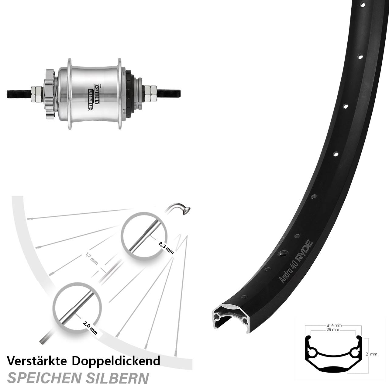 Ryde Andra 40 Hinterrad 27,5 Zoll Sturmey Archer Automatic 2 Gang Disc