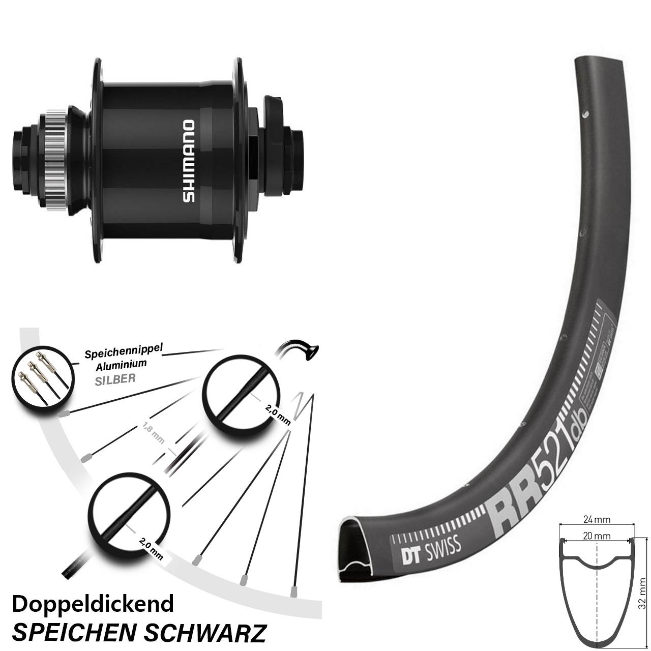 28 Zoll DT Swiss RR521 Shimano DH-UR708 Centerlock Vorderrad mit Nabendynamo 15x100