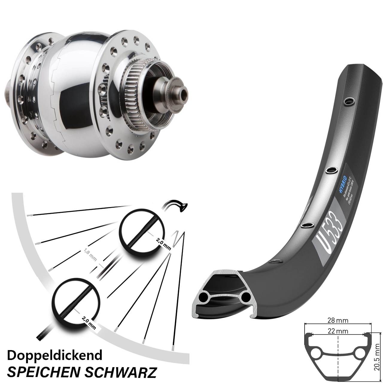 26 Zoll DT Swiss U 533 SONdelux Centerlock Vorderrad mit Nabendynamo für Schnellspanner