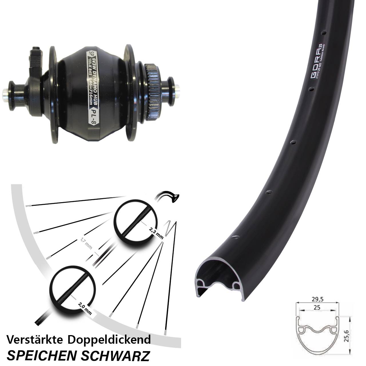 Nabendynamo-Vorderrad Centerlock 28-29 Zoll Gora 25 Shutter PL-8 für Schnellspanner