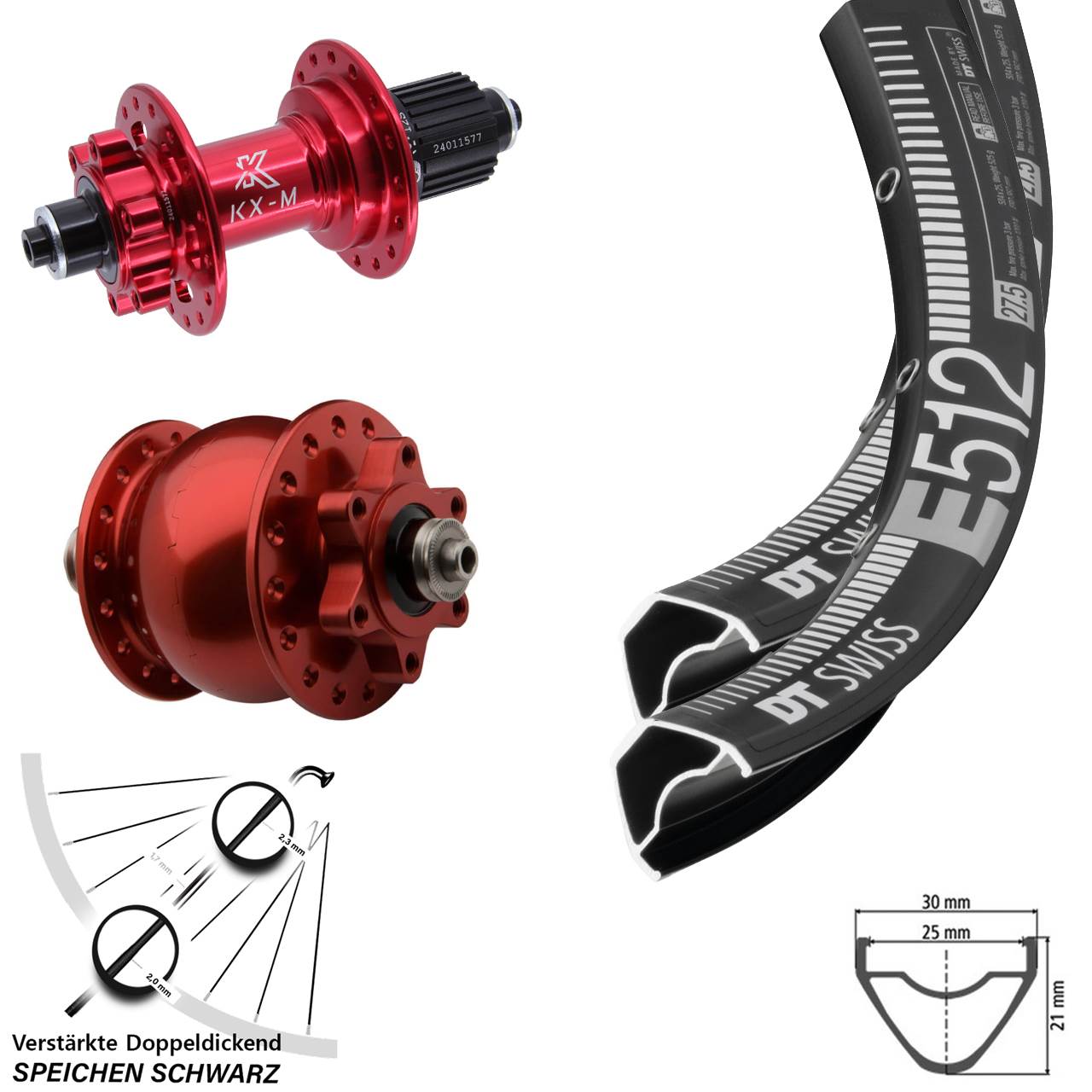 6-Loch Laufradsatz QR 29 Zoll DT Swiss E 512 KX-M SON 28 rot Shimano Micro Spline