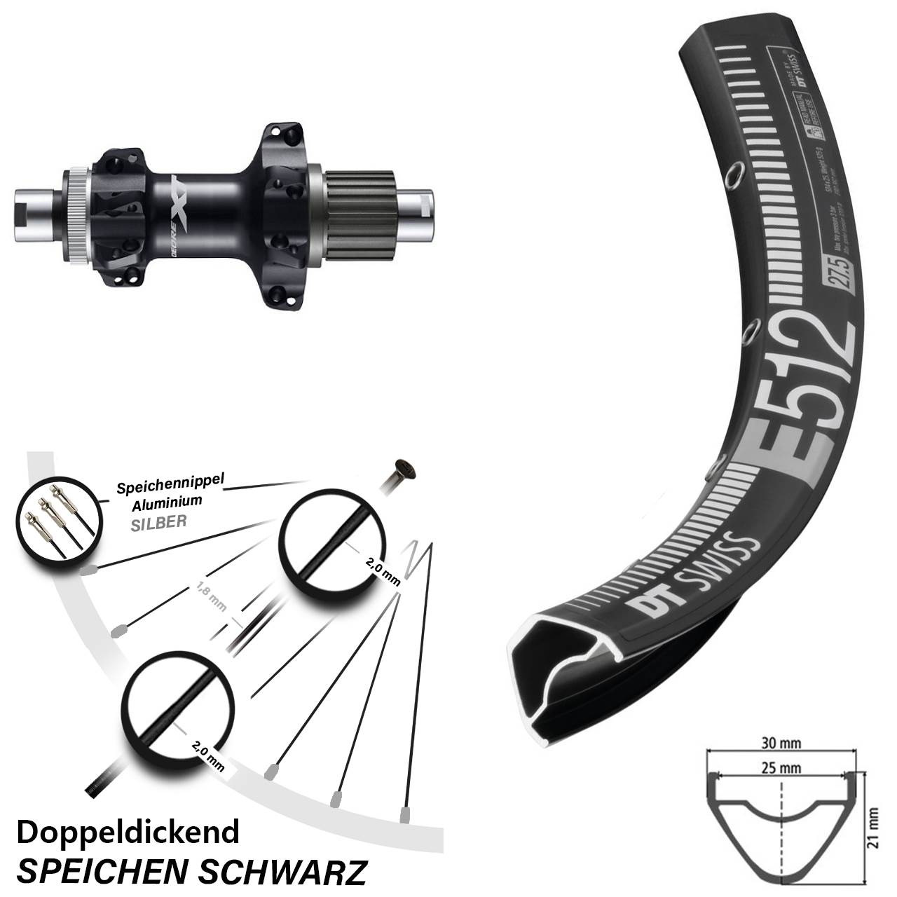 Hinterrad 29 Zoll DT Swiss E512 Shimano Deore XT FH-M8110-BS Straightpull 12-fach