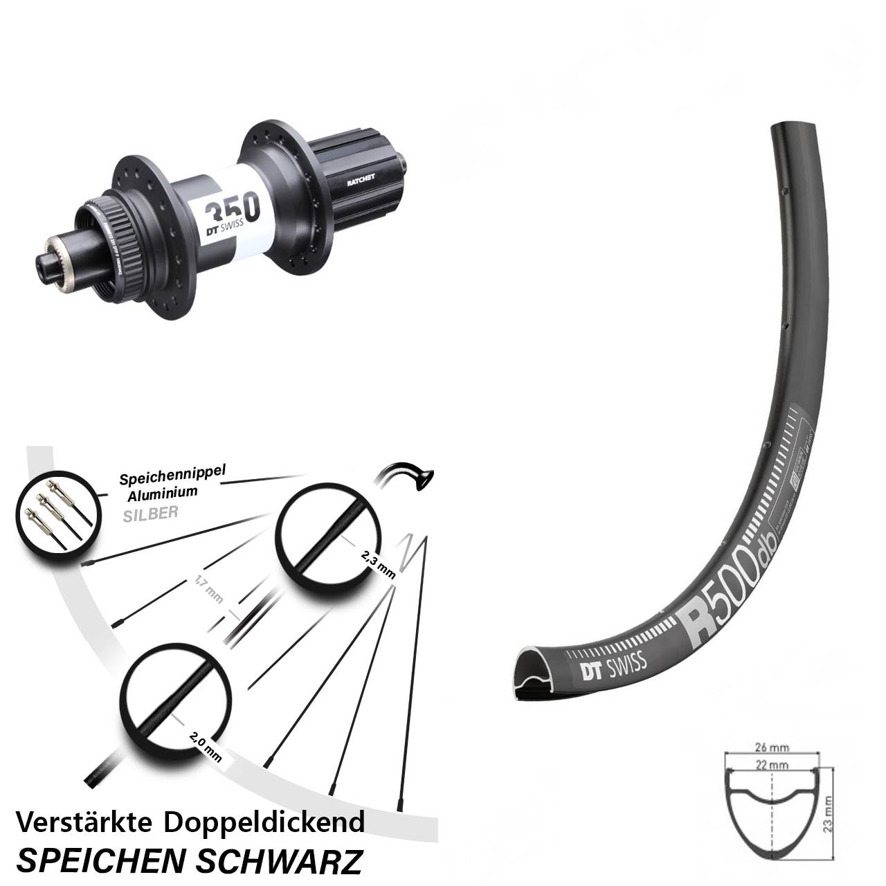 29 Zoll DT Swiss R500-350 Disc Hinterrad für Schnellspanner 11-12 fach