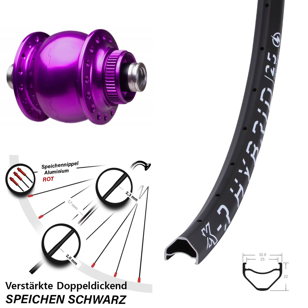 Disc Nabendynamovorderrad 27,5 Zoll KX-R Hybrid 25 SON 28 violett 12x100