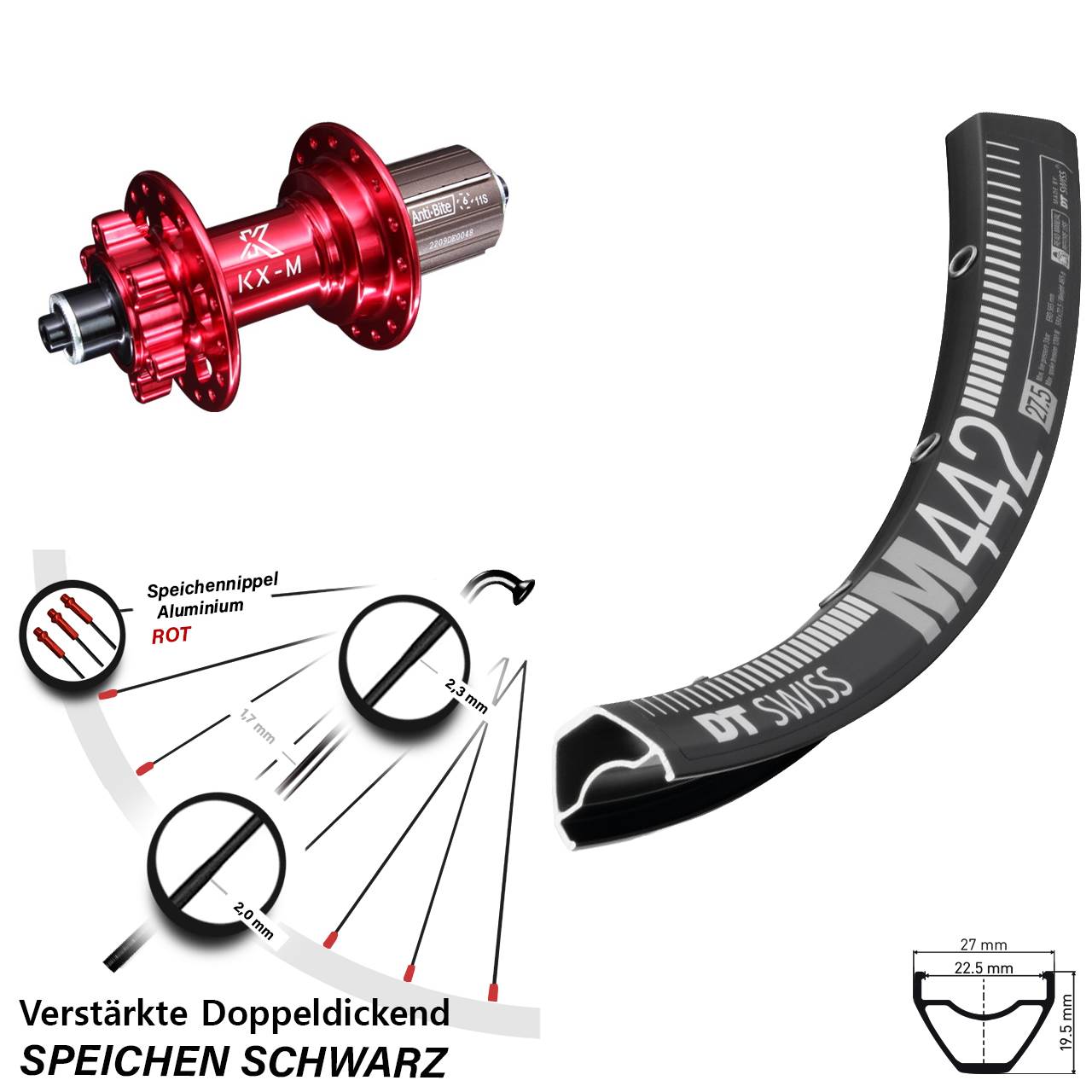 6-Loch Hinterrad 28-29 Zoll DT Swiss M442 KX-M rot 8-12 fach für Schnellspanner