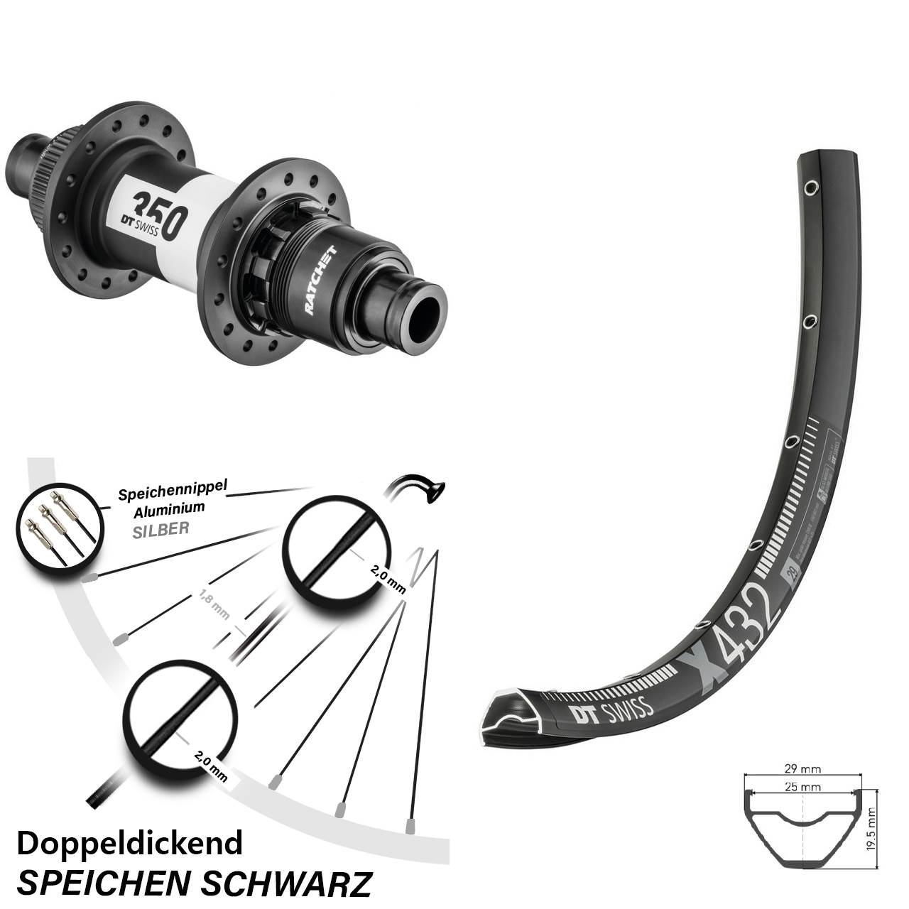 29 Zoll Hinterrad x 432 DT Swiss 350 Sram XD Centerlock MTB Boost Cross Country