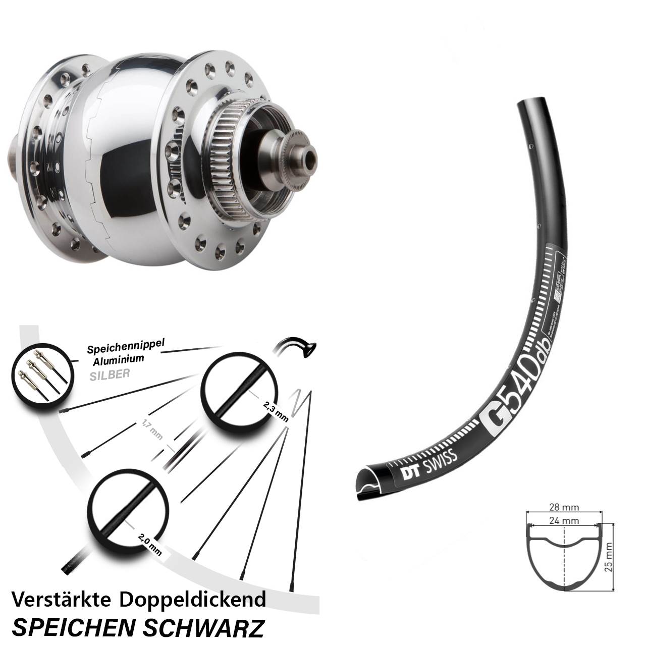 Nabendynamovorderrad Centerlock für Schnellspanner 28 Zoll DT Swiss G 540 SON delux