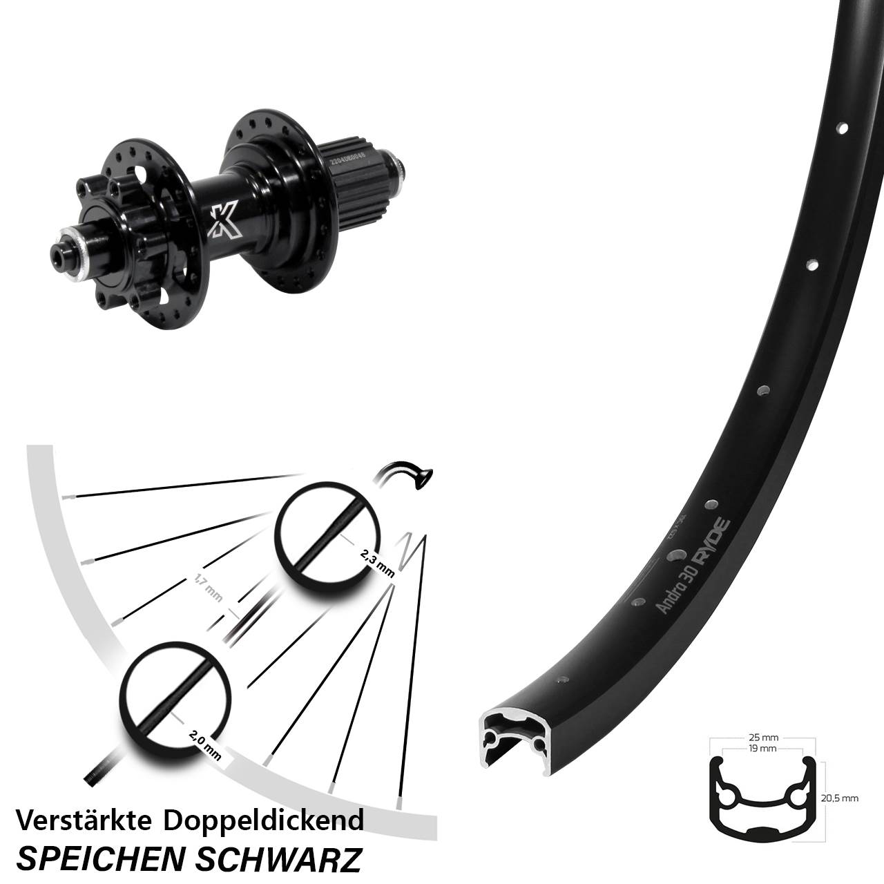 28 Zoll Ryde Andra 30 KX-M Heavy Duty Disc Hinterrad für Schnellspanner Micro Spline