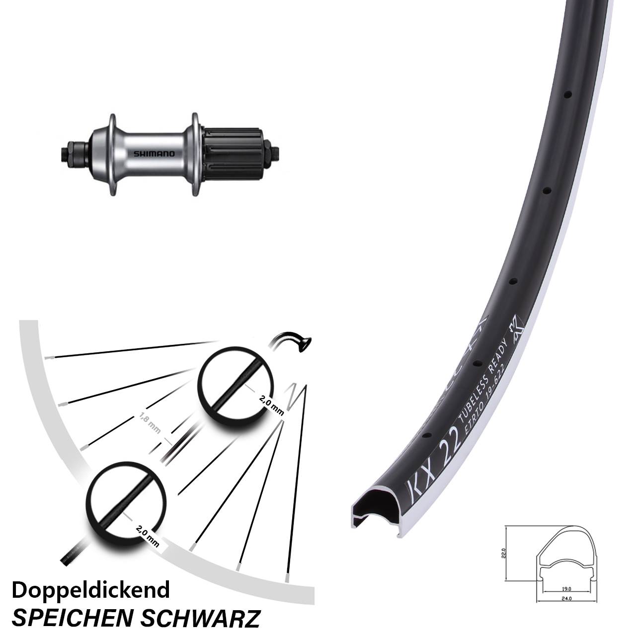 KX 22 OS Shimano FH-RS400 28 Zoll Laufrad hinten QR 11-12 fach HG