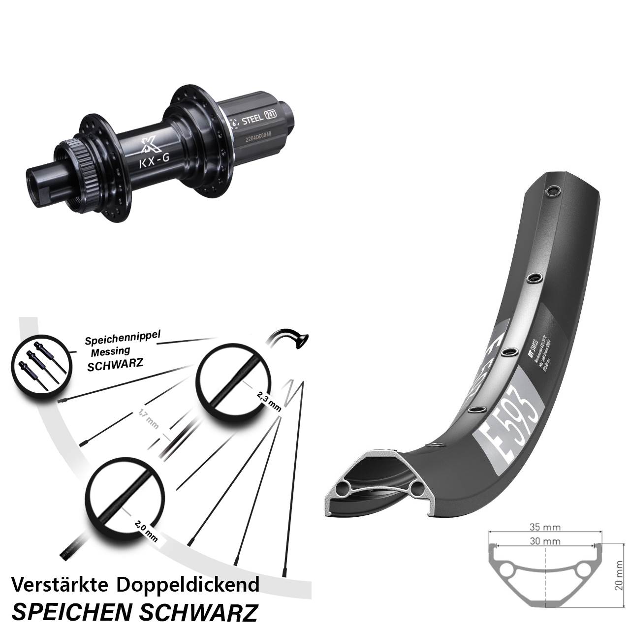 DT Swiss E593 KX-GS Stahl Freilauf 27,5 Zoll Centerlock Hinterrad 12x142 8-12 fach HG