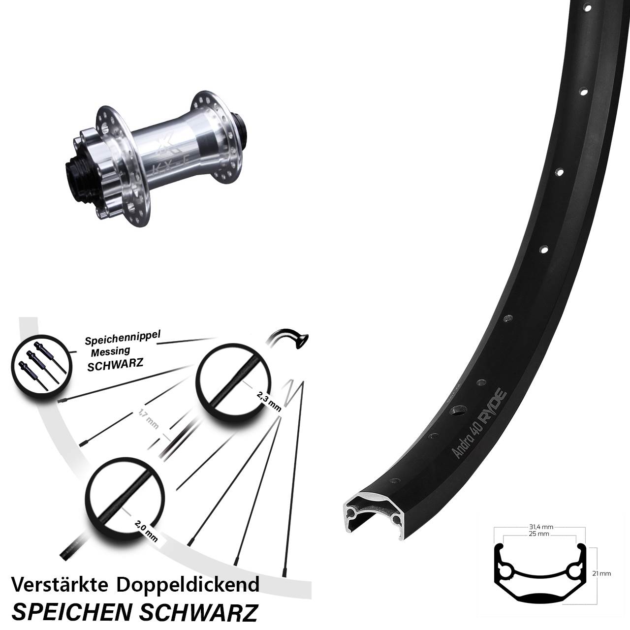 KX-E Nabe silbern 15x100 mm 6-loch Ryde Andra 40 Disc Vorderrad 27,5 Zoll